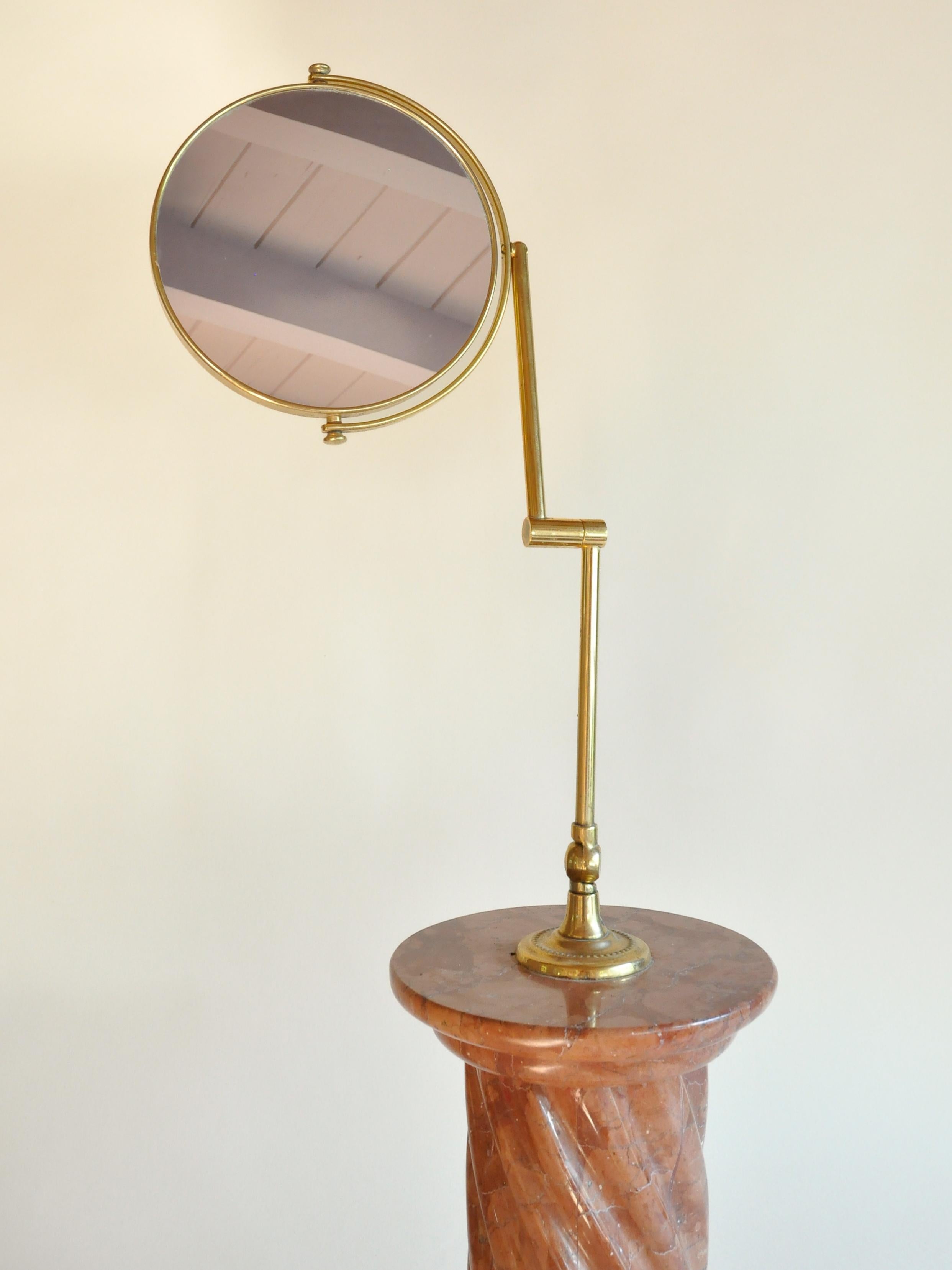 Brass Vanity Mirror on Monumental Rust Marble Pillar Base For Sale 1