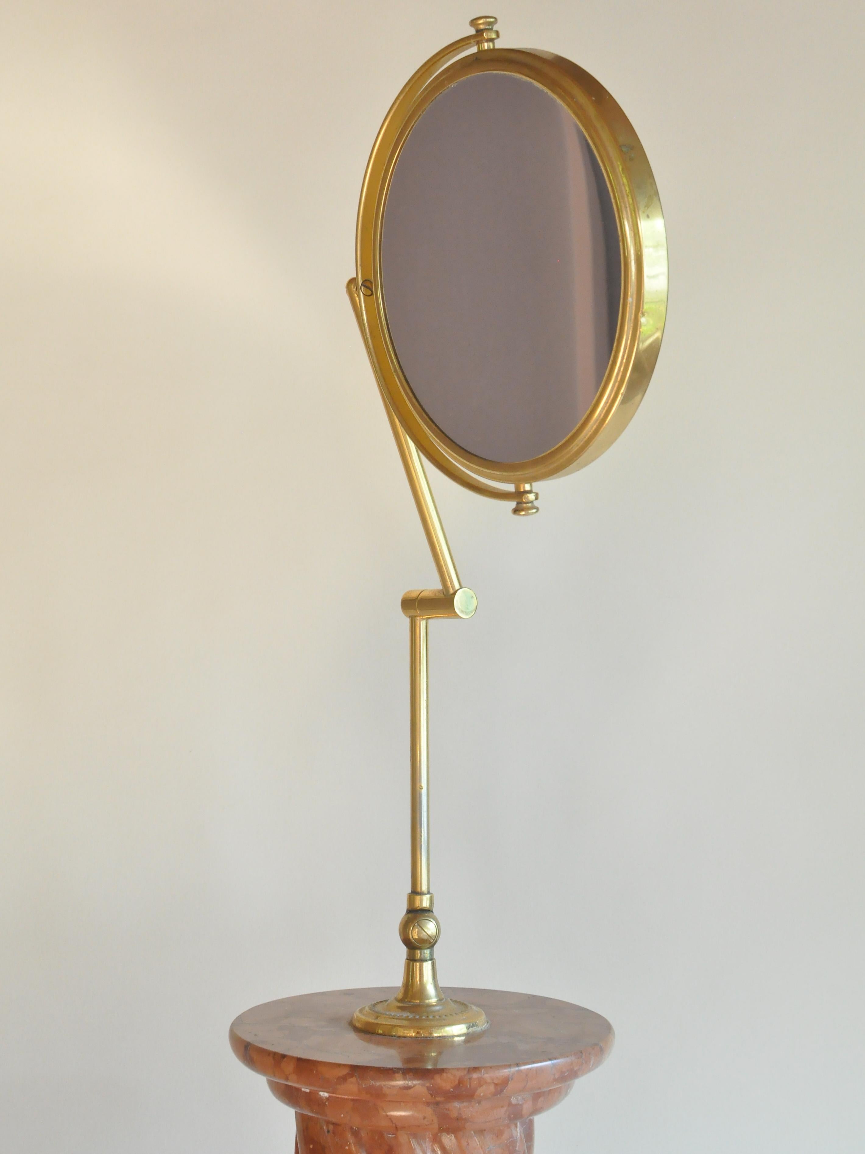 Brass Vanity Mirror on Monumental Rust Marble Pillar Base For Sale 2