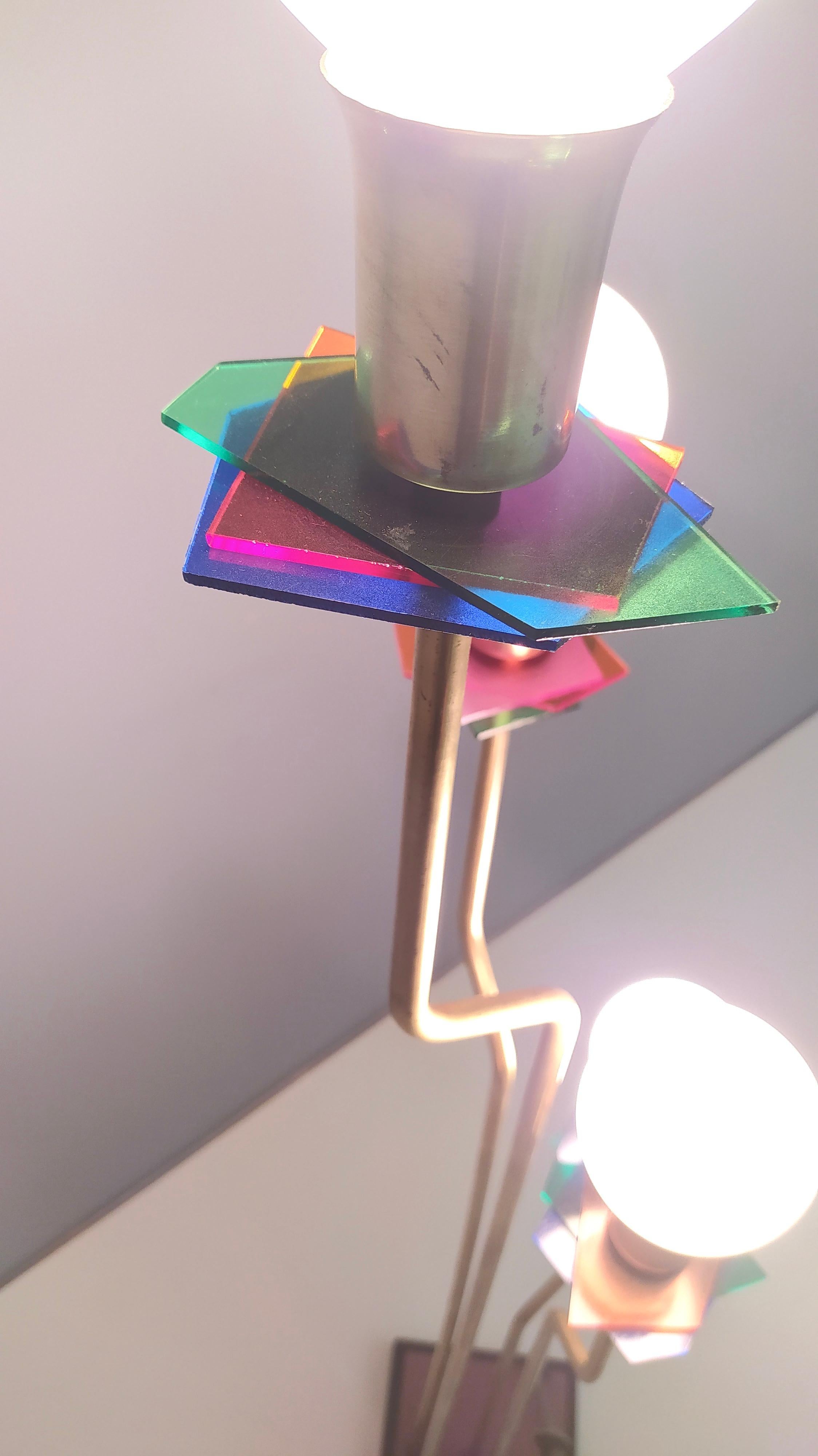 Brass, Varnished Metal and Plexiglas Floor Lamp 