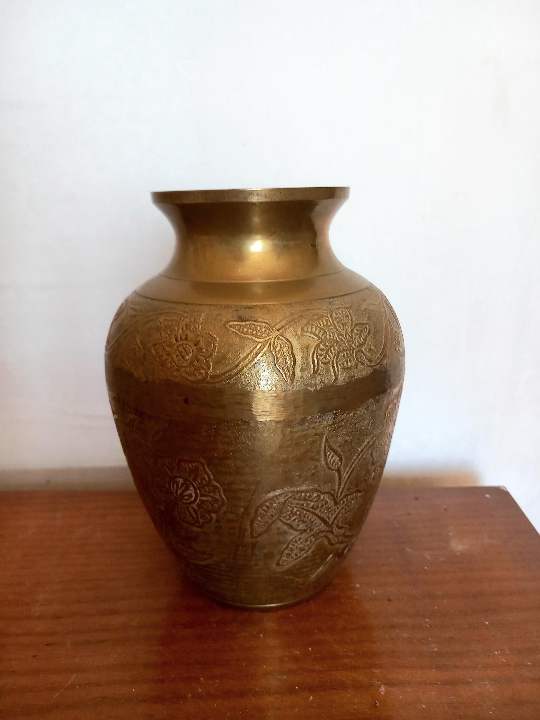  Brass Vase Classic Shape, with Carved Floral Filigree, Spain Early 20th Century For Sale 4