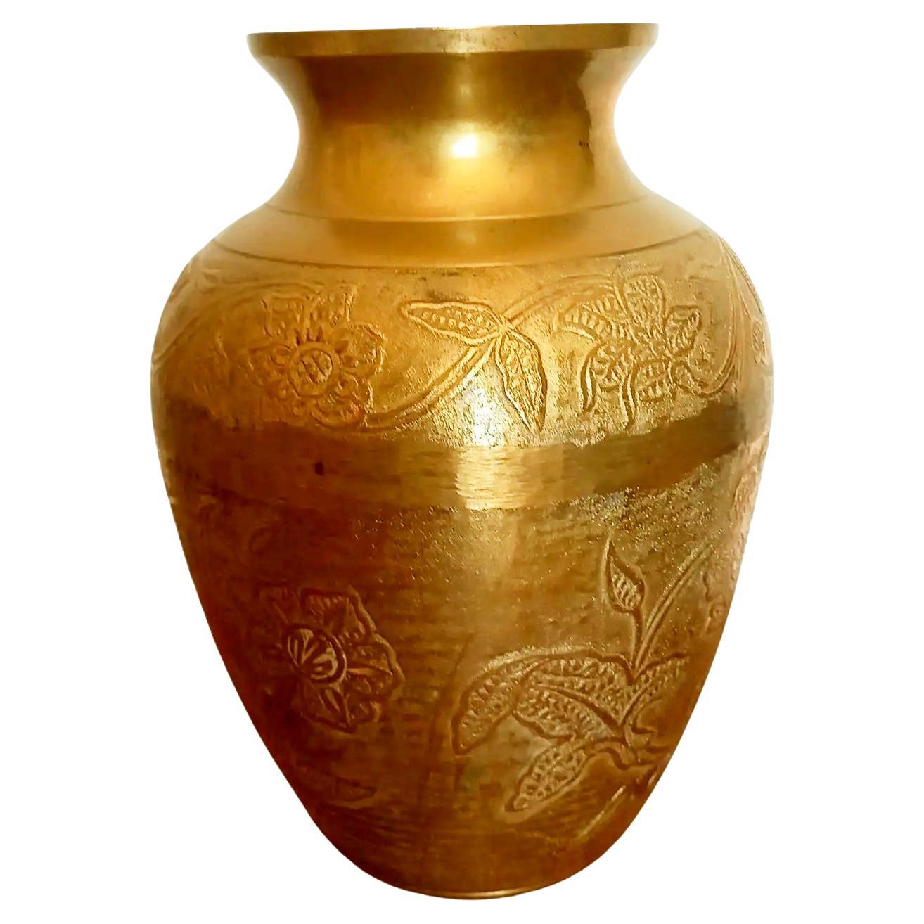  Brass Vase Classic Shape, with Carved Floral Filigree, Spain Early 20th Century