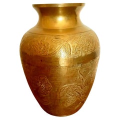 Antique  Brass Vase Classic Shape, with Carved Floral Filigree, Spain Early 20th Century