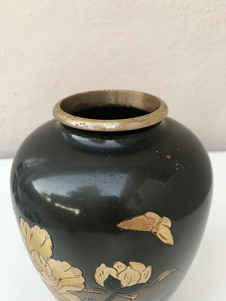 Japanese Brass Vase with Flower Motif For Sale at 1stDibs