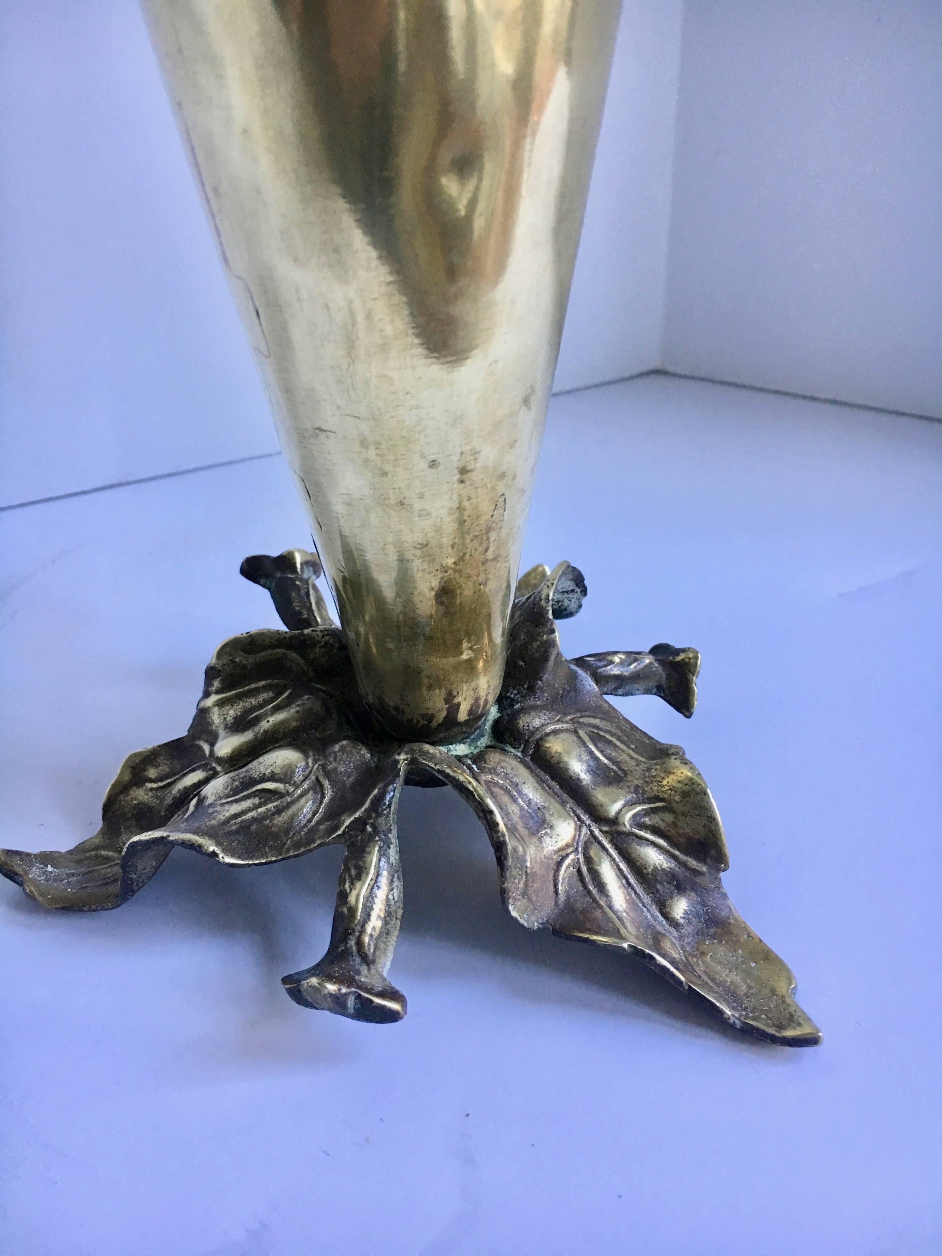 Hand-Crafted Brass Vase with Sculpted Leaves Base