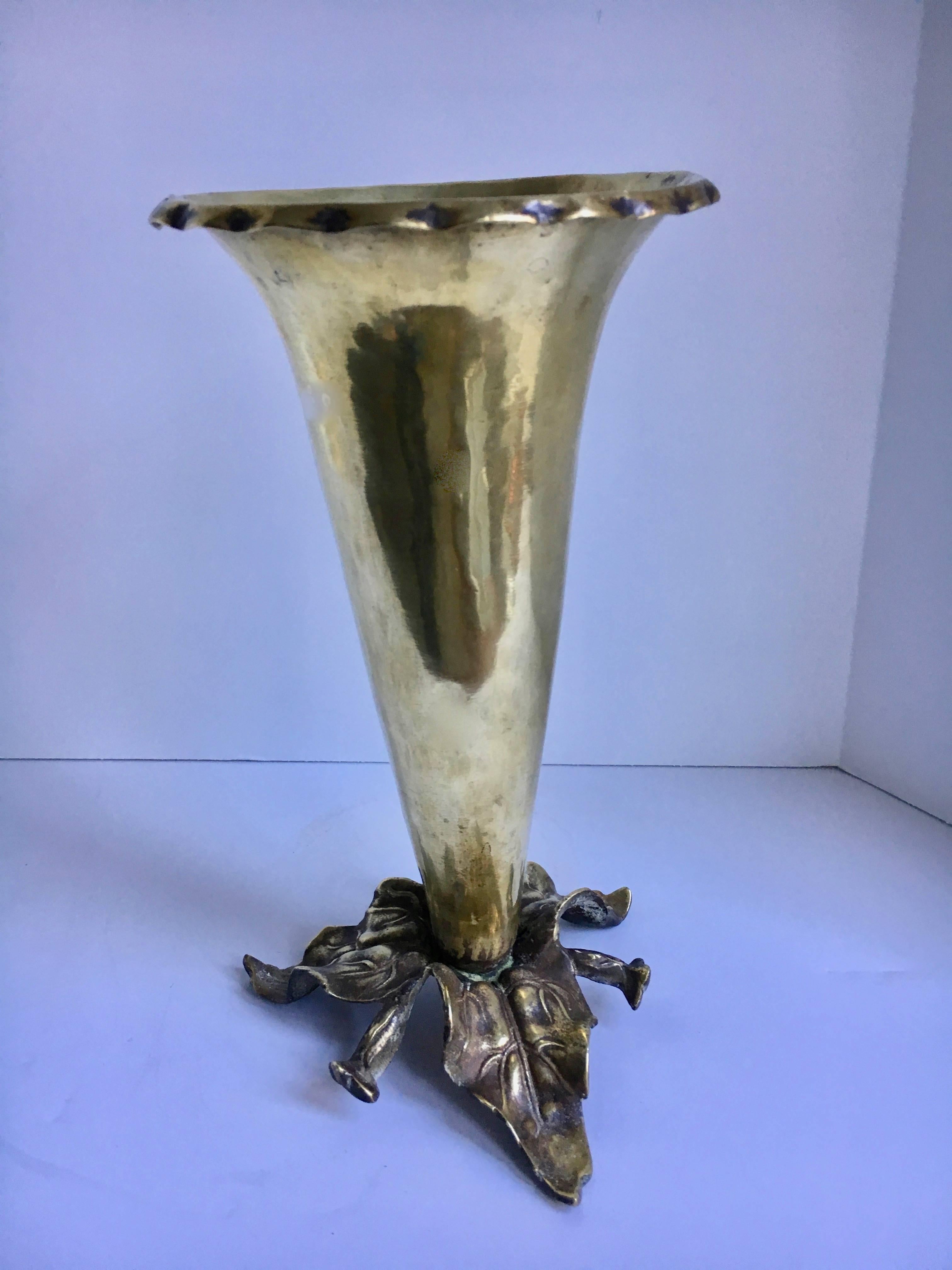 20th Century Brass Vase with Sculpted Leaves Base