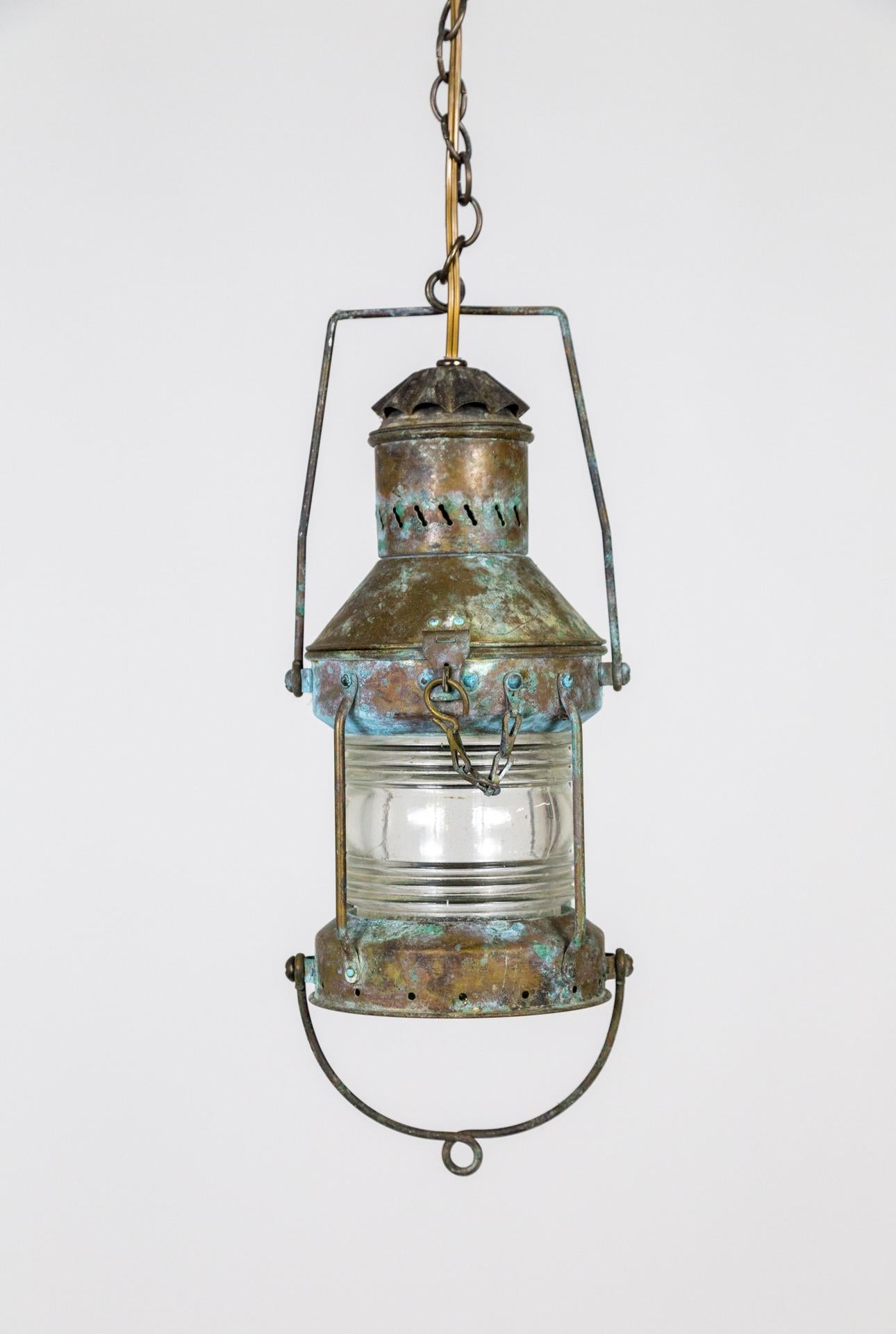 Brass Verdigris Marine Lantern as Pendant Light In Good Condition For Sale In San Francisco, CA