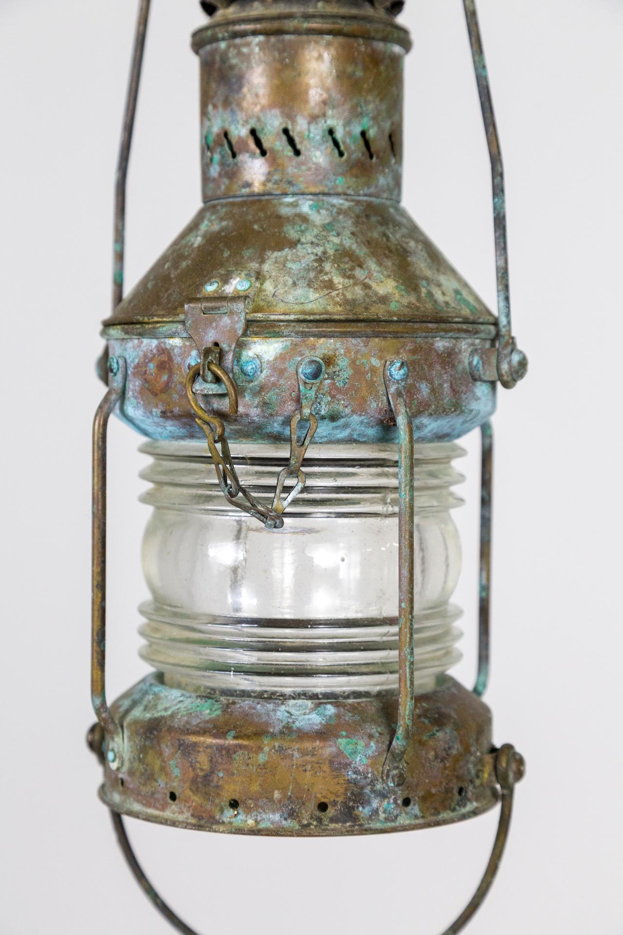 20th Century Brass Verdigris Marine Lantern as Pendant Light For Sale