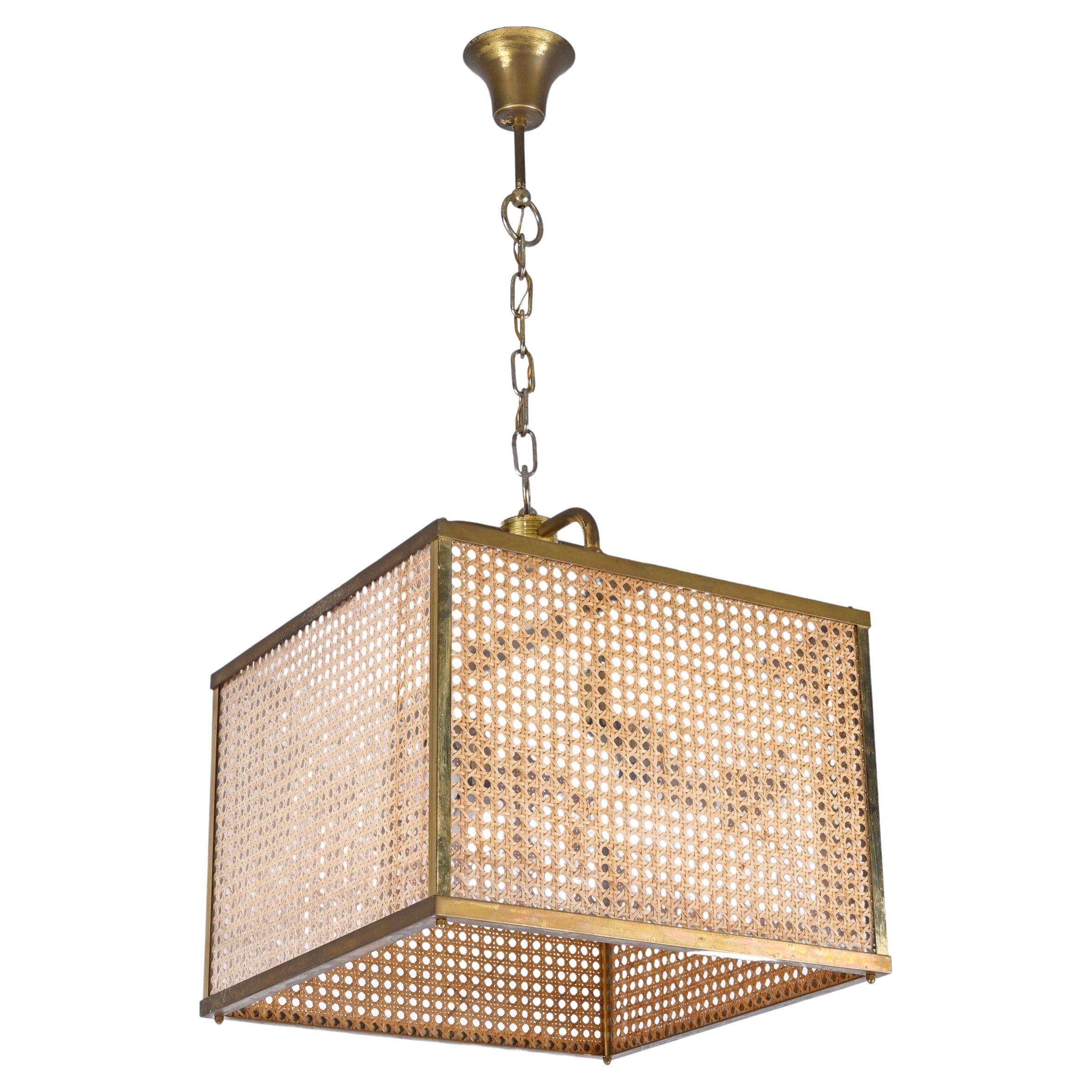 Brass, Vienna Straw Wicker and Glass Square Chandelier Lamp, Italy, 1950s