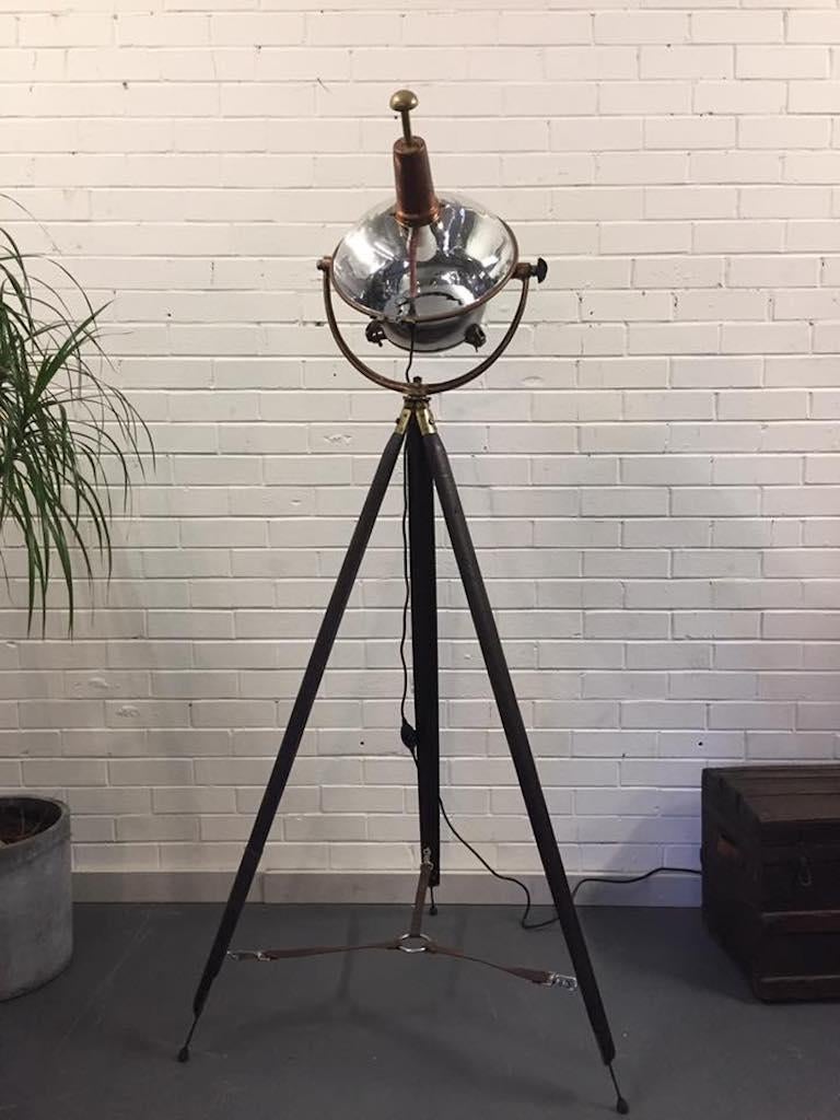 Brass Vintage Industrial Dentistry Light on Rare Wood Tripod Leather Supports In Excellent Condition In Cromer, AU