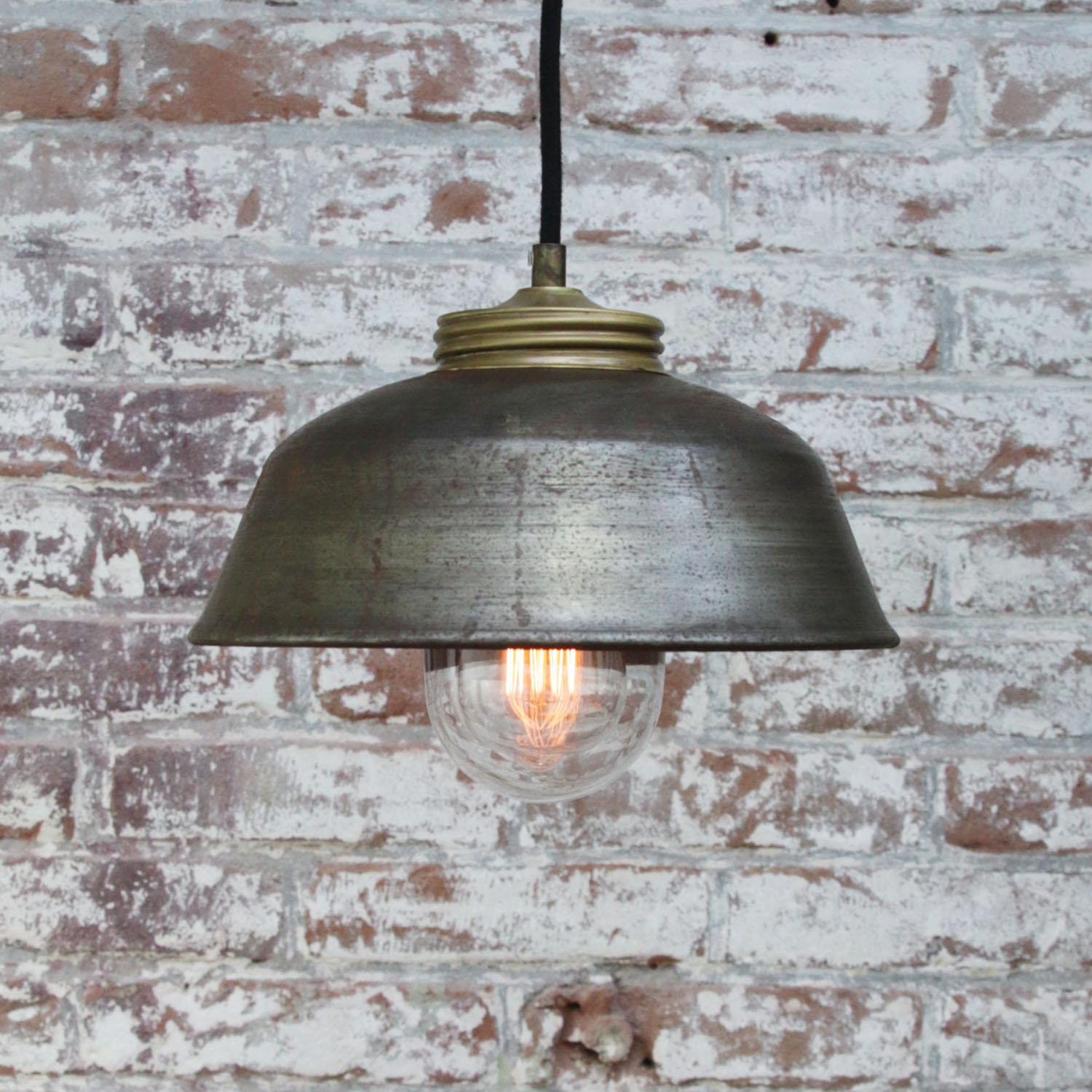 20th Century Brass Vintage Industrial Metal Clear Glass Pendant Lights For Sale