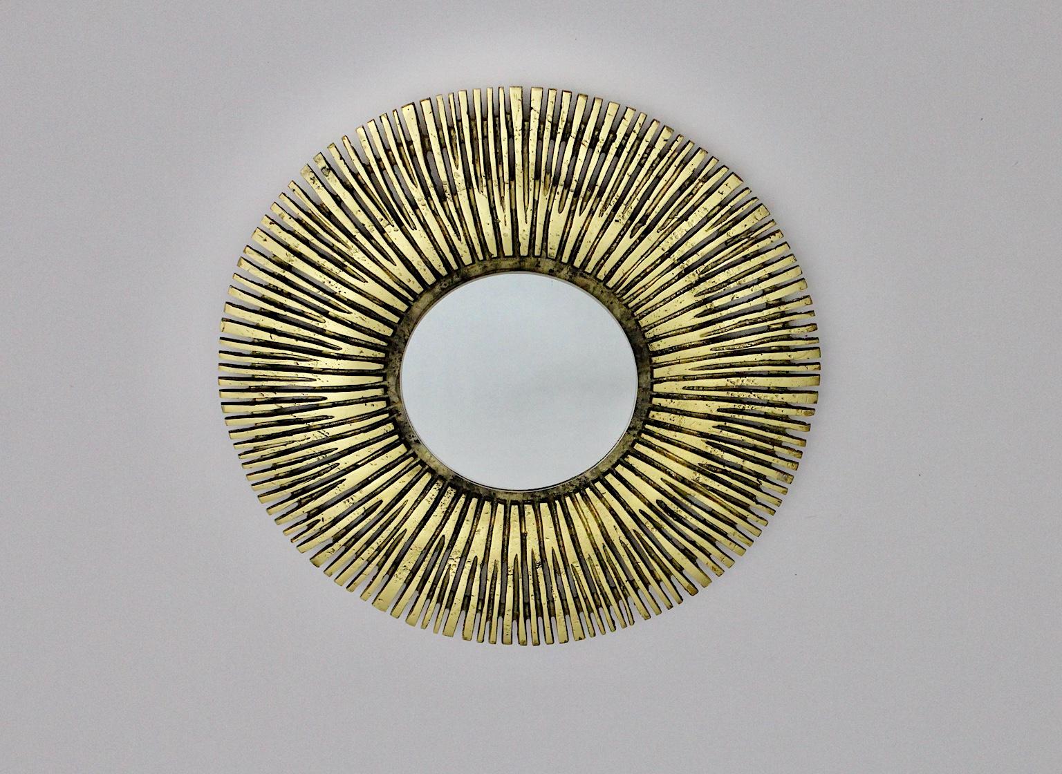 Cast Brass Vintage Circular Design Sunburst Mirror Wall Mirror, France, 1960s For Sale