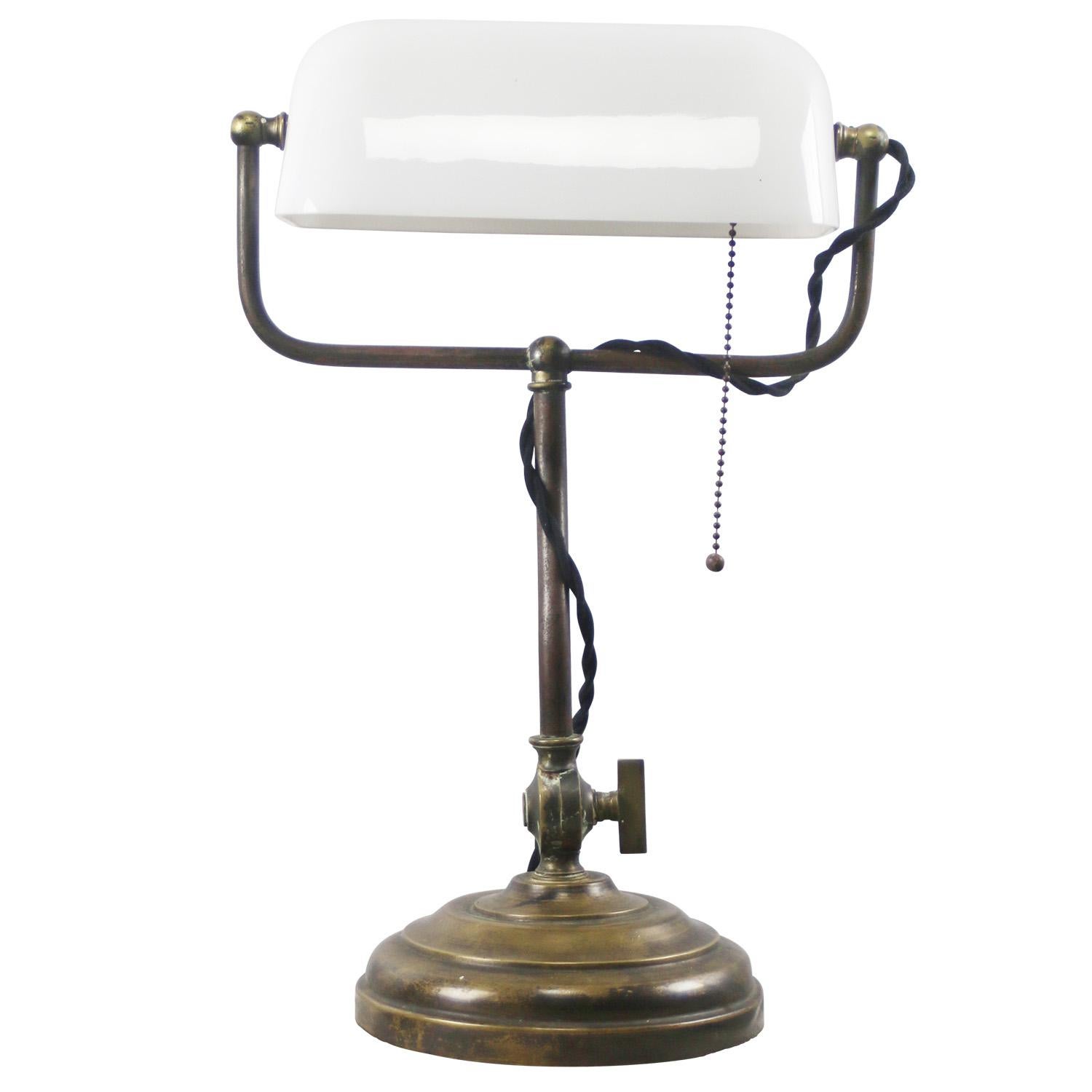 White opaline glass, brass desk light / banker's lamp
2,5 meter black cotton flex, plug and switch in shade

Available with UK / US plug

Weight: 3.00 kg / 6.6 lb

Priced per individual item. All lamps have been made suitable by international