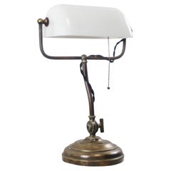 Brass Vintage White Opaline Glass Banker Table Desk Light
