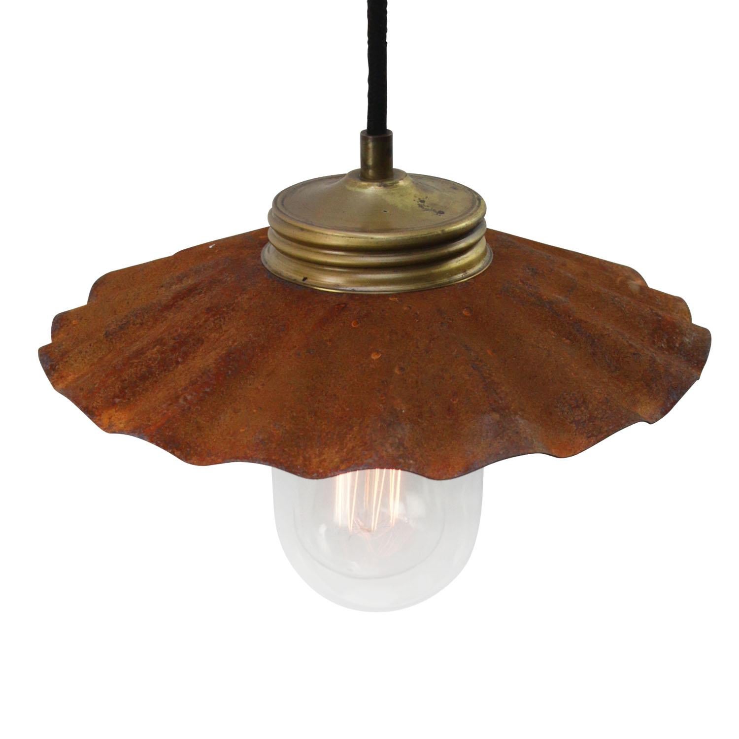 Vintage Industrial metal hanging lamp.
Clear glass with brass top.
Brown rust metal shade

Weight 1.20 kg / 2.6 lb

Priced per individual item. All lamps have been made suitable by international standards for incandescent light bulbs,