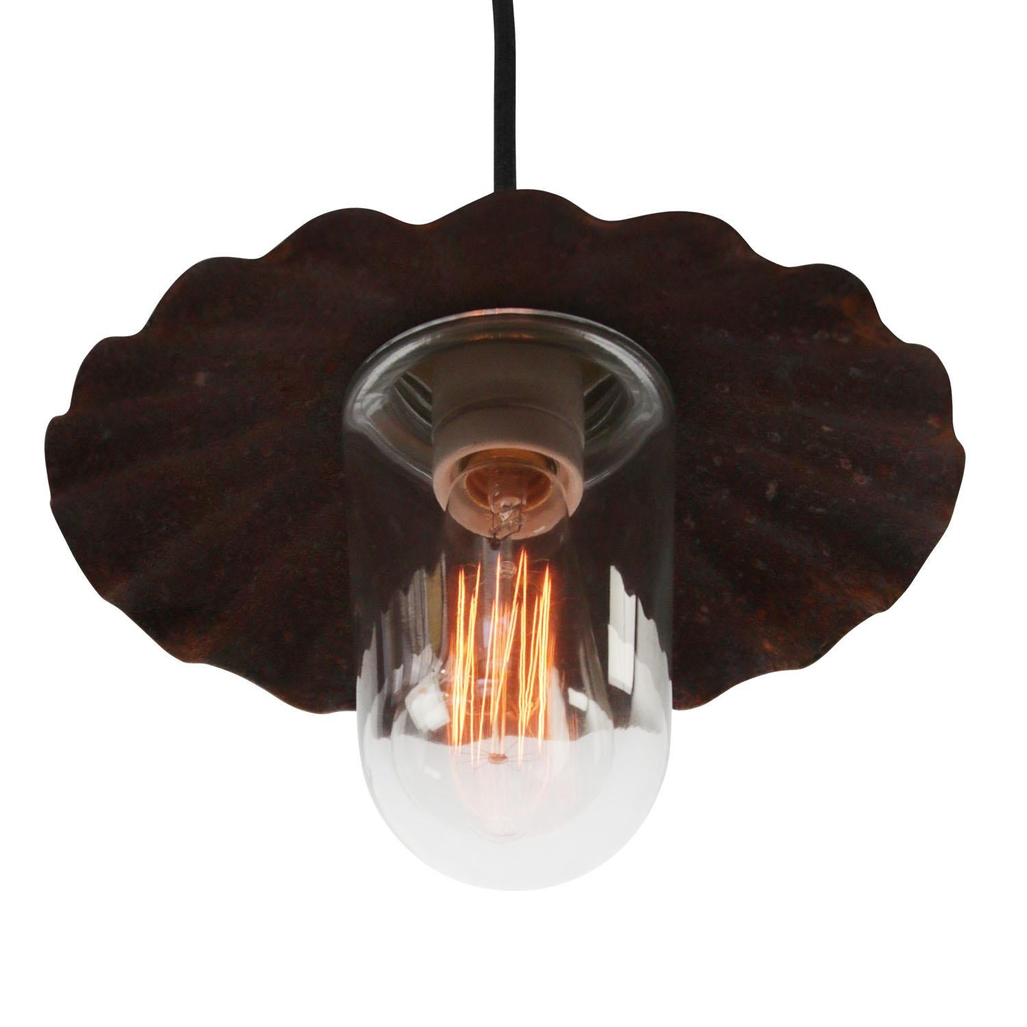 Dutch Brass Vintage Industrial Rust Metal Clear Glass Pendant Lights For Sale