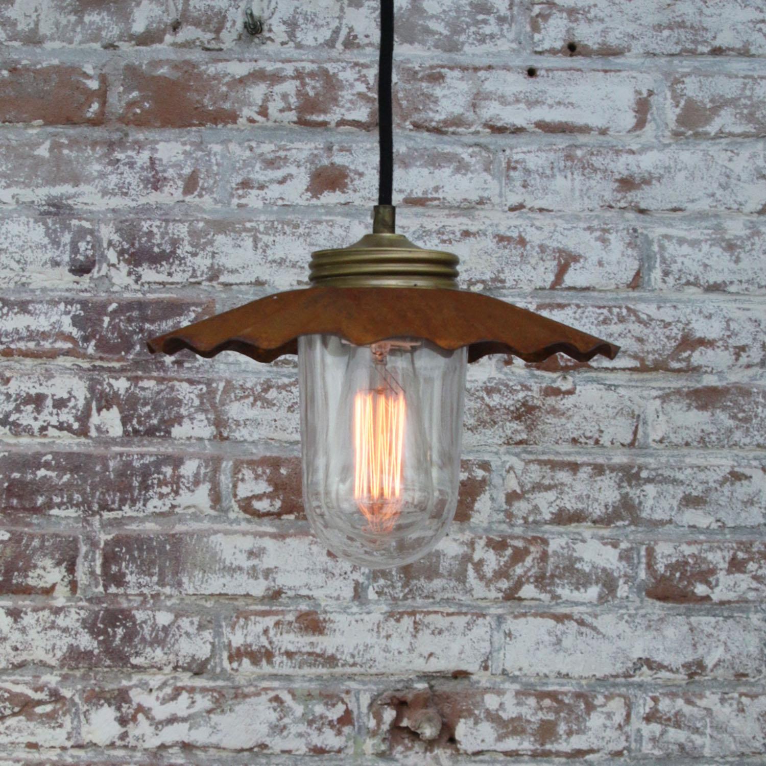 20th Century Brass Vintage Industrial Rust Metal Clear Glass Pendant Lights For Sale