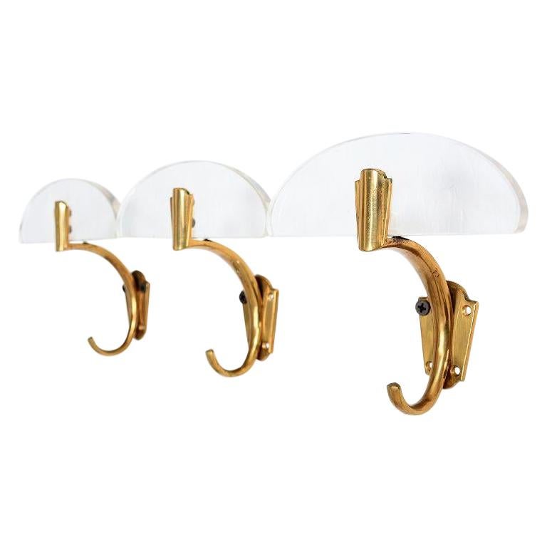 Set of 3 Brass and Lucite Wall Coat Racks Style of Fontana Arte Italy 1950s