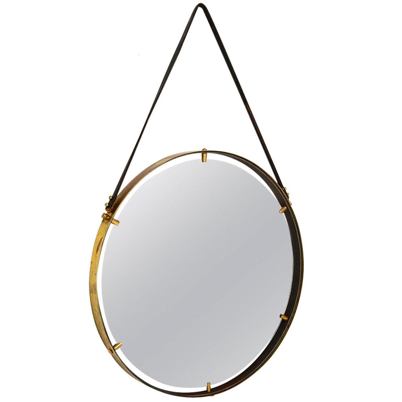 For your consideration a wall hanging mirror. 
Custom-made brass frame with solid brass hardware and vintage leather straps.

Inspired in vintage frame mirror. This is a contemporary reproduction only five available.