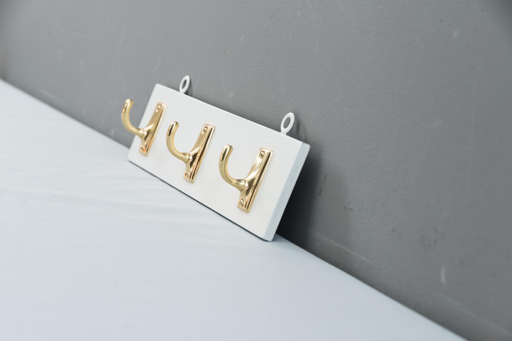 Lacquered Brass Wall Hooks on Wood, circa 1920s For Sale