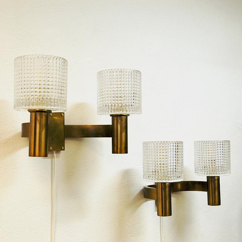 Scandinavian Modern Crystal Glass and Brass Wall Lamp Pair by Carl Fagerlund, Orrefors Sweden 1960s