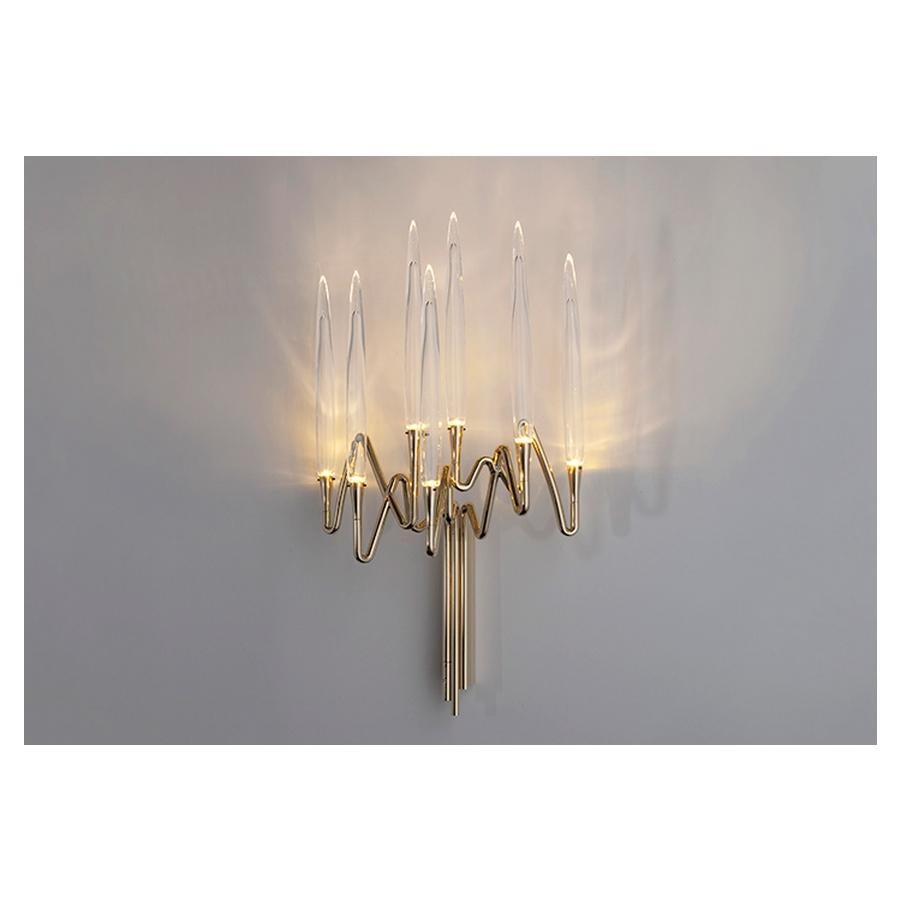 Modern Brass Wall Sconce 7 Lights with Crystal LEDs and Gold Finish, Made in Italy For Sale