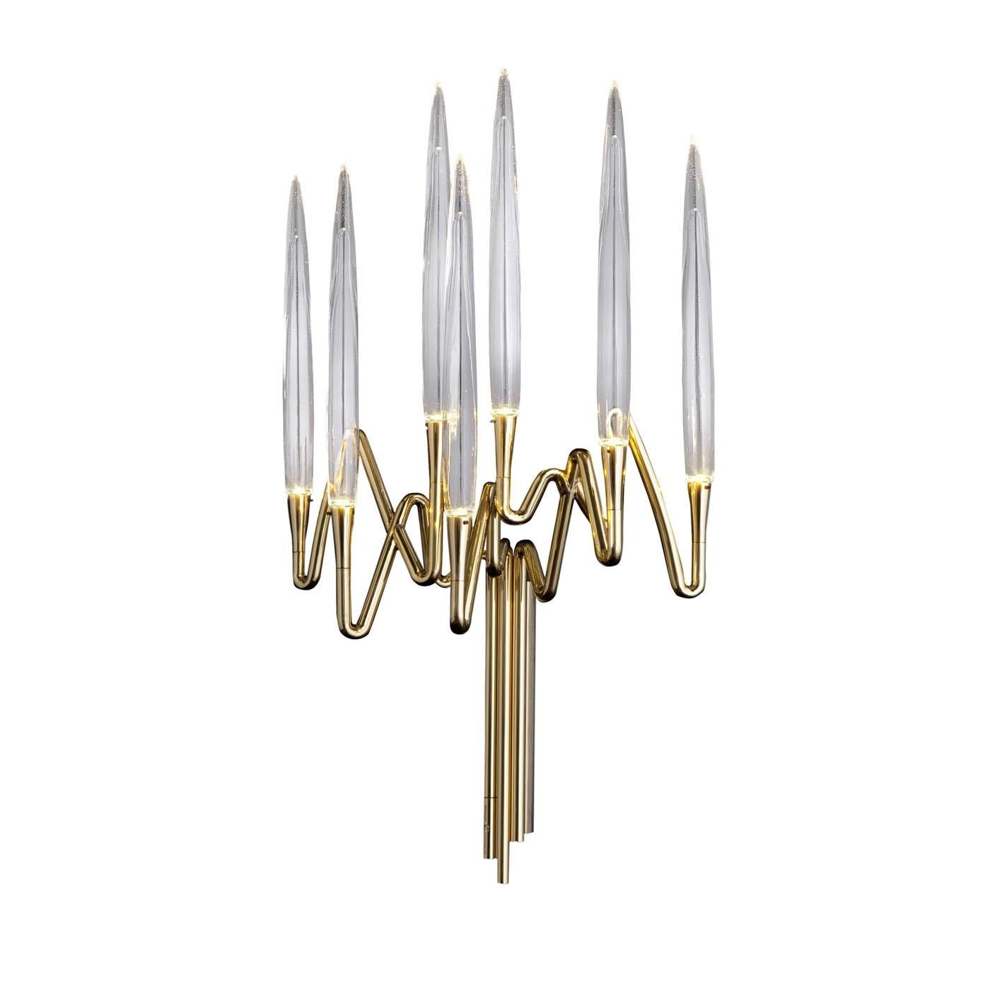 Italian Brass Wall Sconce 7 Lights with Crystal LEDs and Gold Finish, Made in Italy For Sale