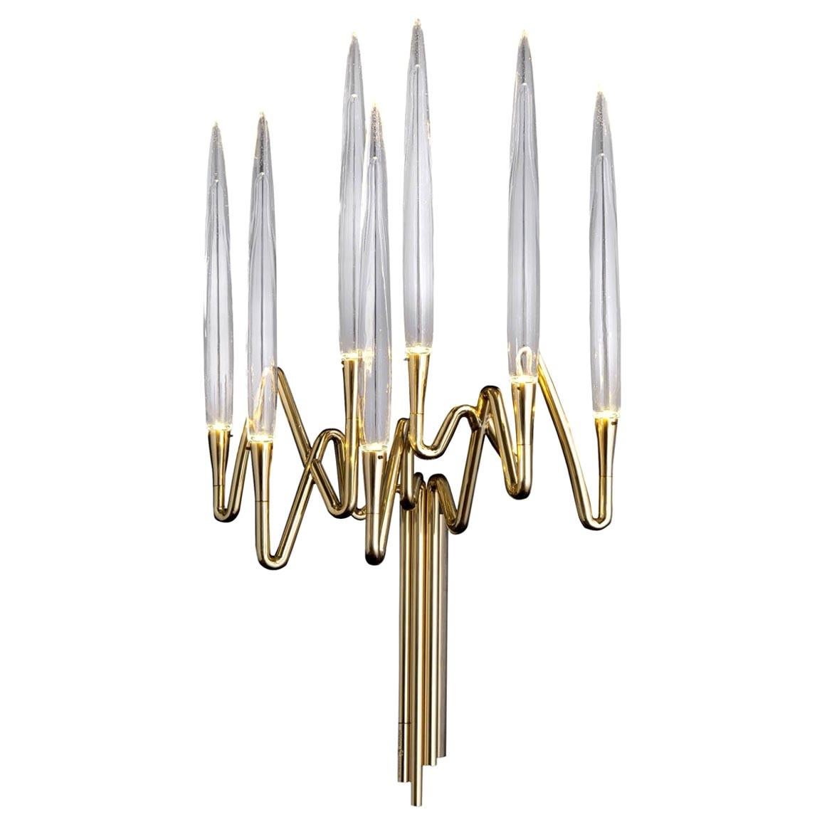 Brass Wall Sconce 7 Lights with Crystal LEDs and Gold Finish, Made in Italy For Sale