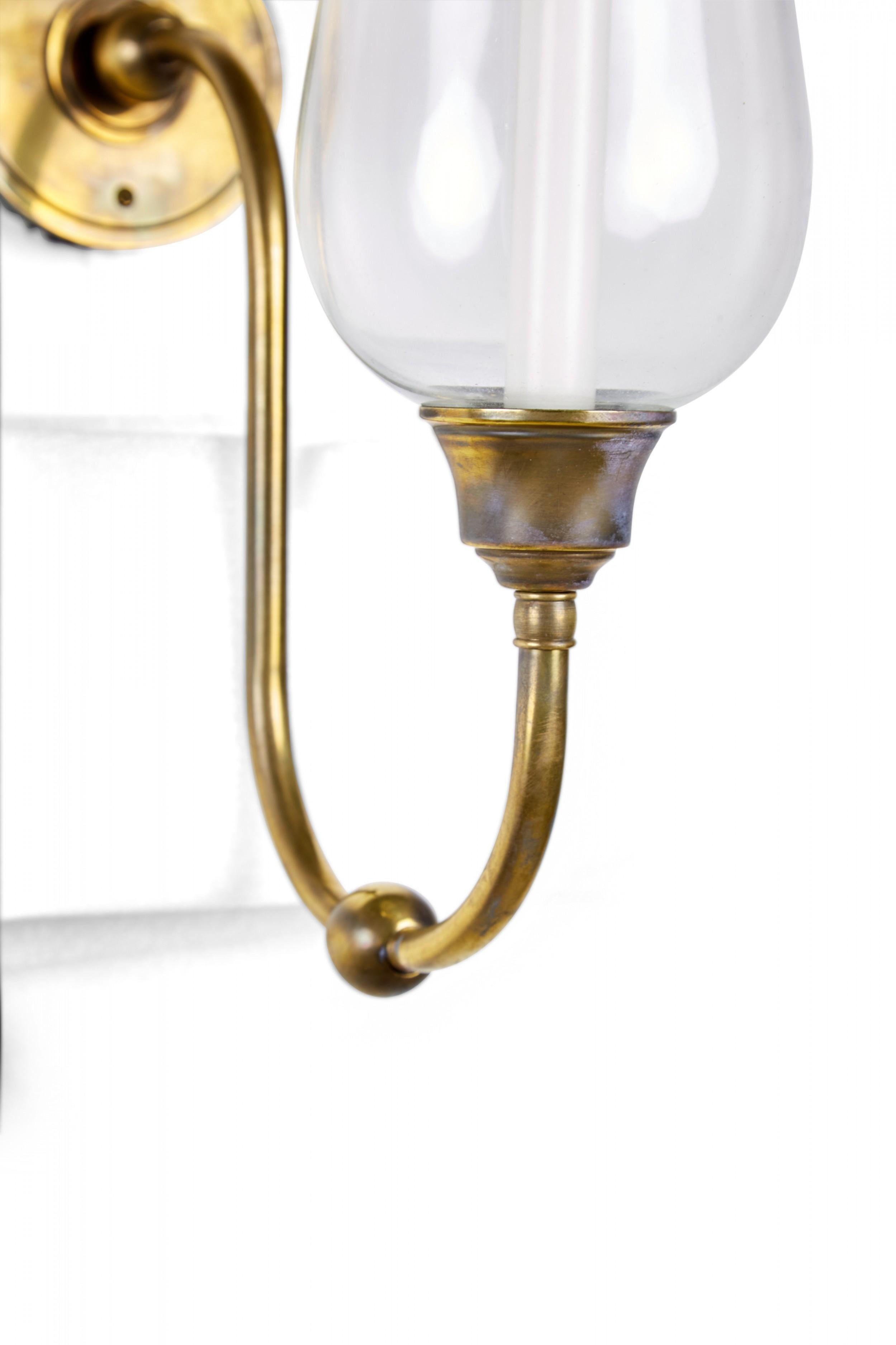 Modern Brass Wall Sconce with Glass Hurricane Globe For Sale