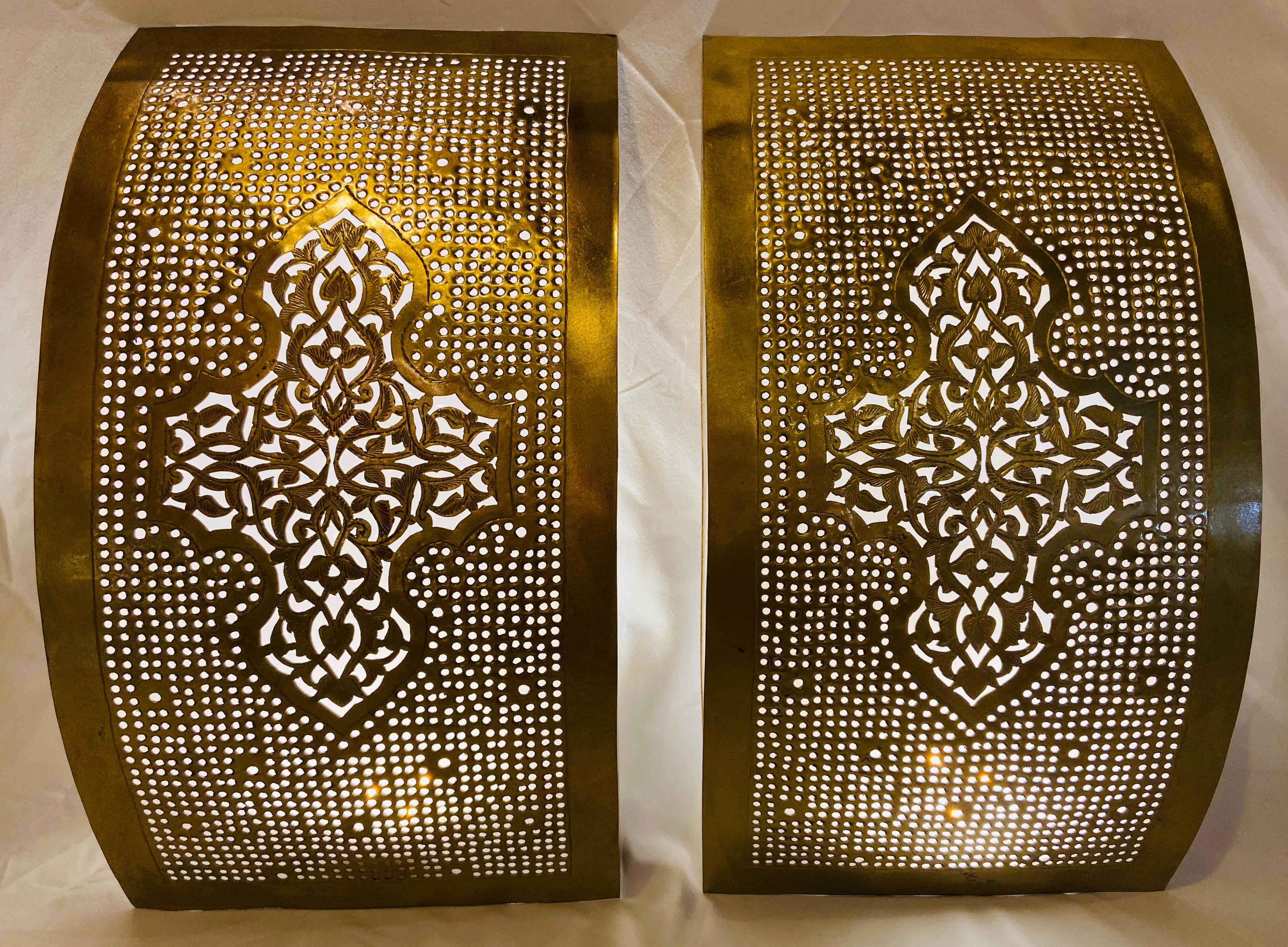 Moroccan Wall Sconce or Lantern in Gold Brass, a Pair  2