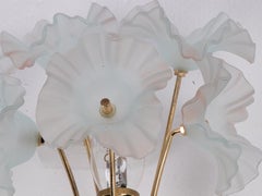 1 (of 2) Pair of 1970 Italy Hibiscus Brass Wall Sconces Turquoise Glass Flowers