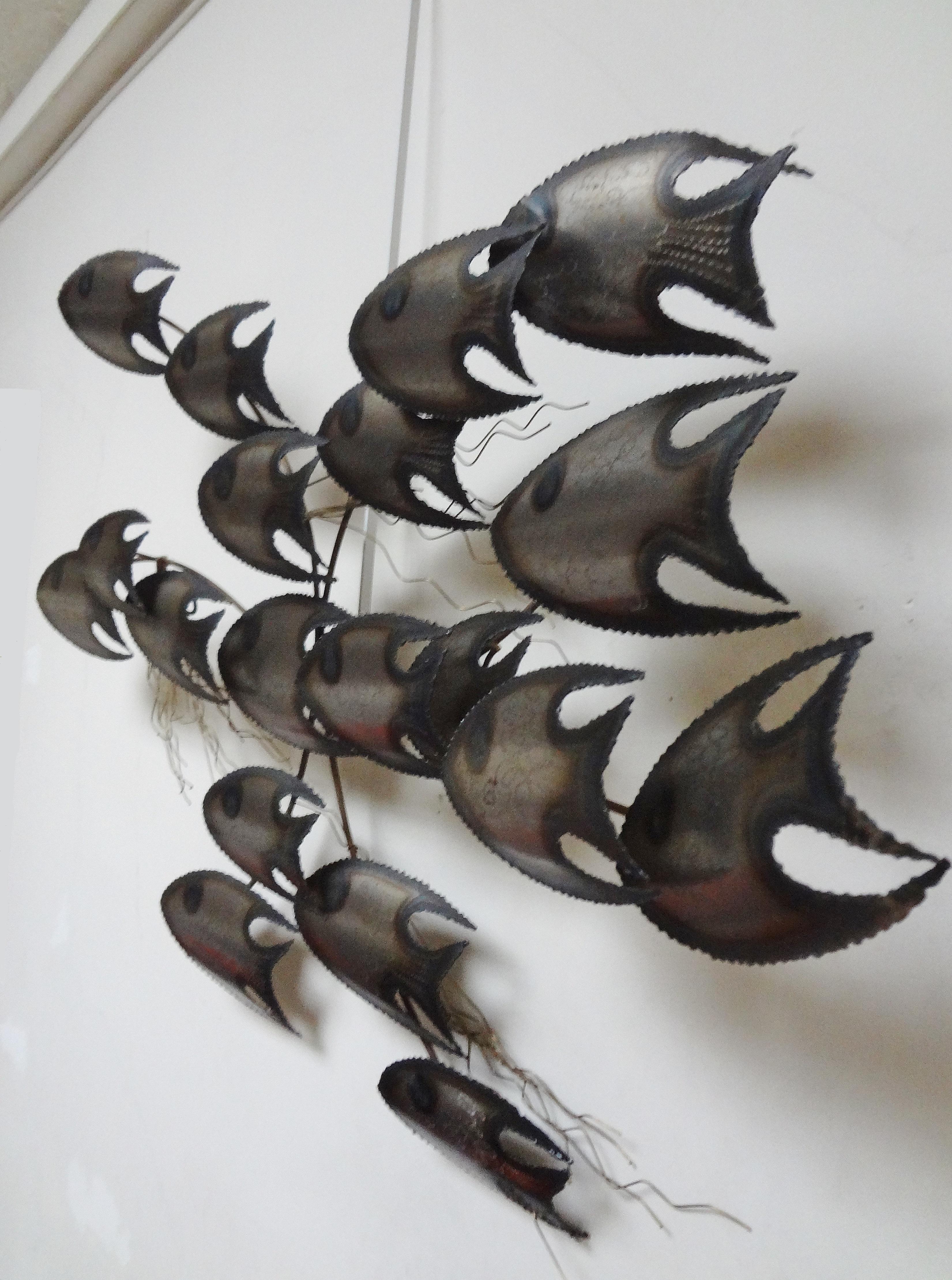 American Brass Wall Sculpture as Swimming Fishes, circa 1980, by Curtis Jere 