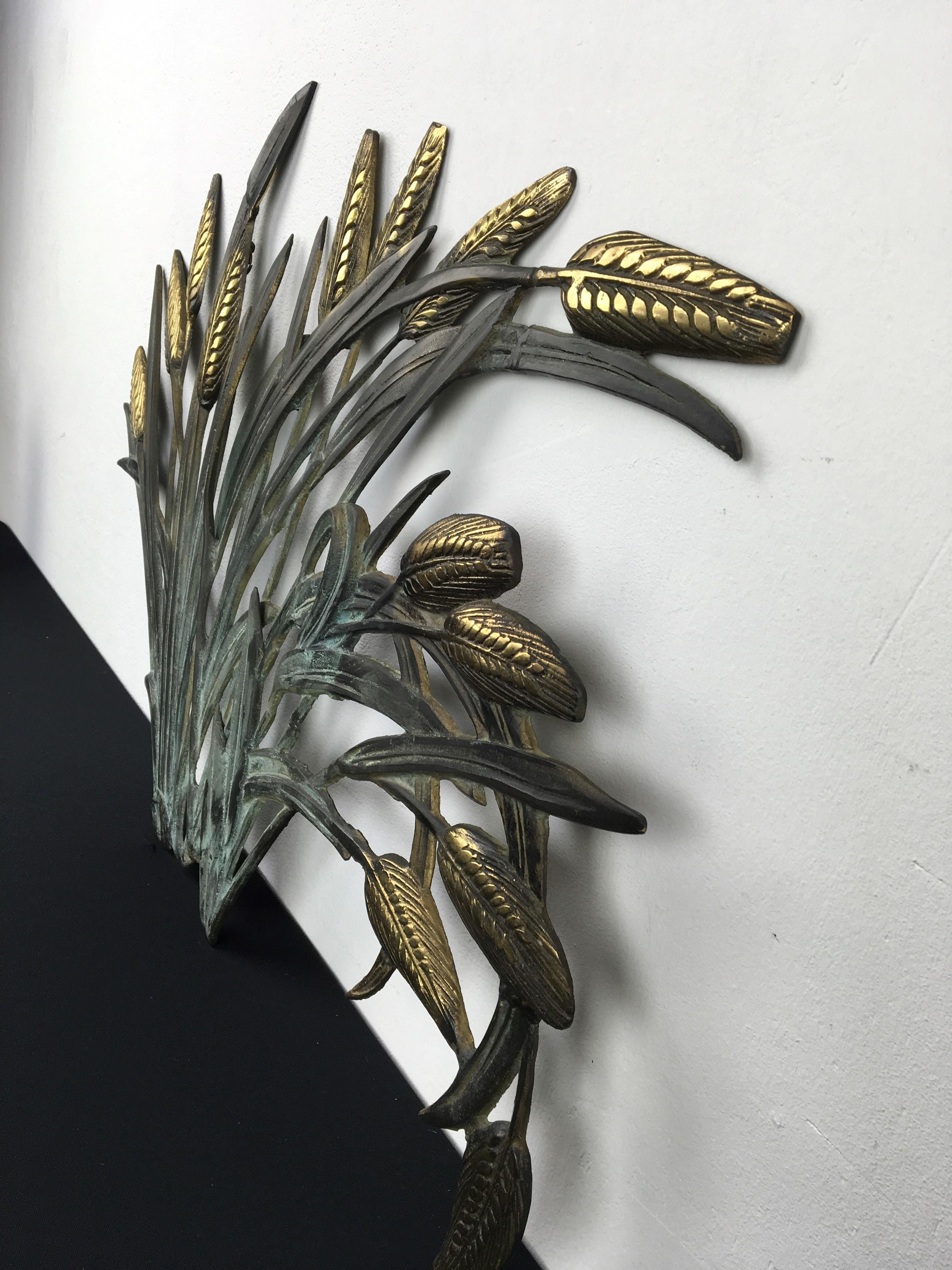 Mid-20th Century Brass Wall Sculpture Wheat Plant, Corn Stalk, 1960s For Sale