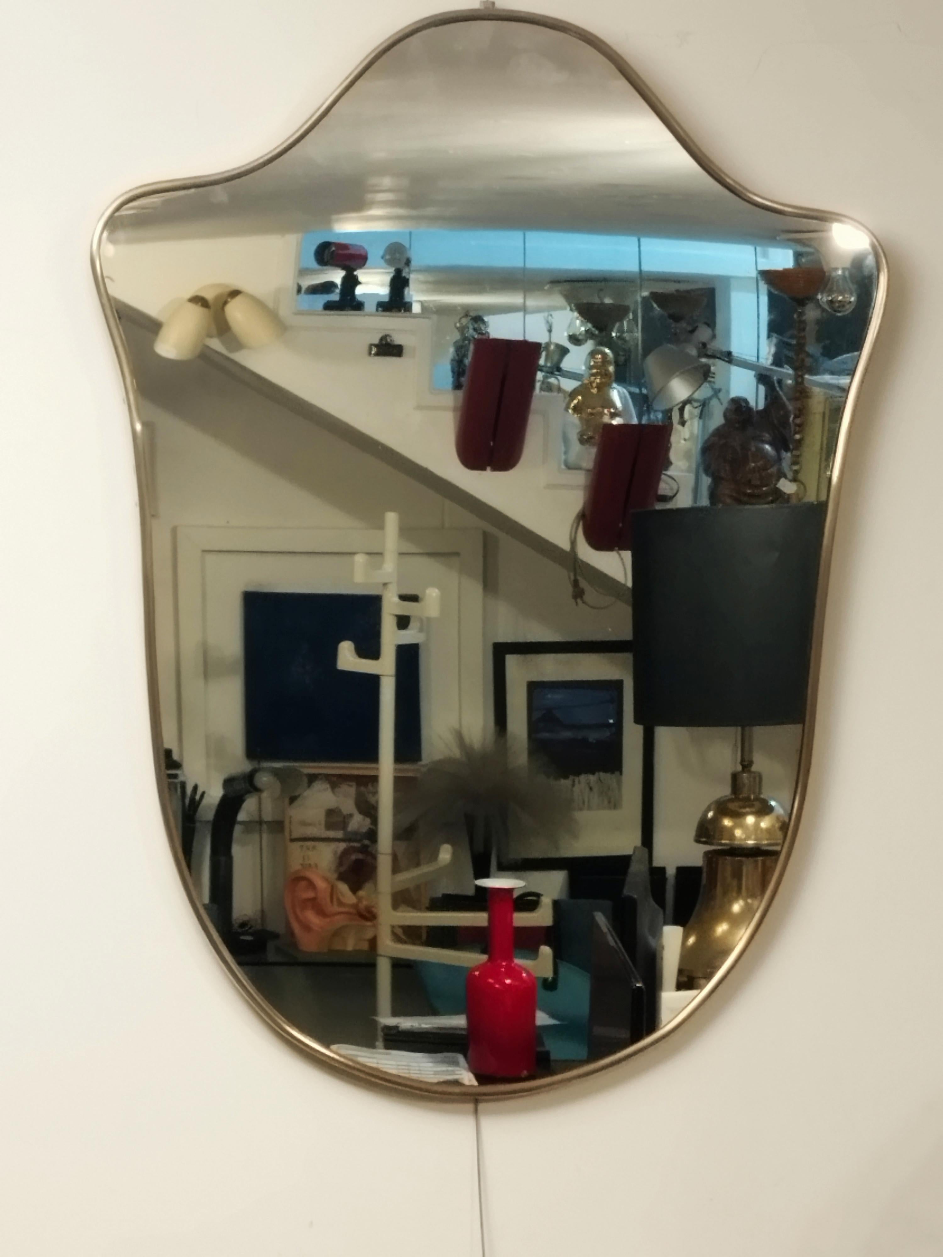 Mid-20th Century Brass Wall Shield Mirror, Italy, 1950s