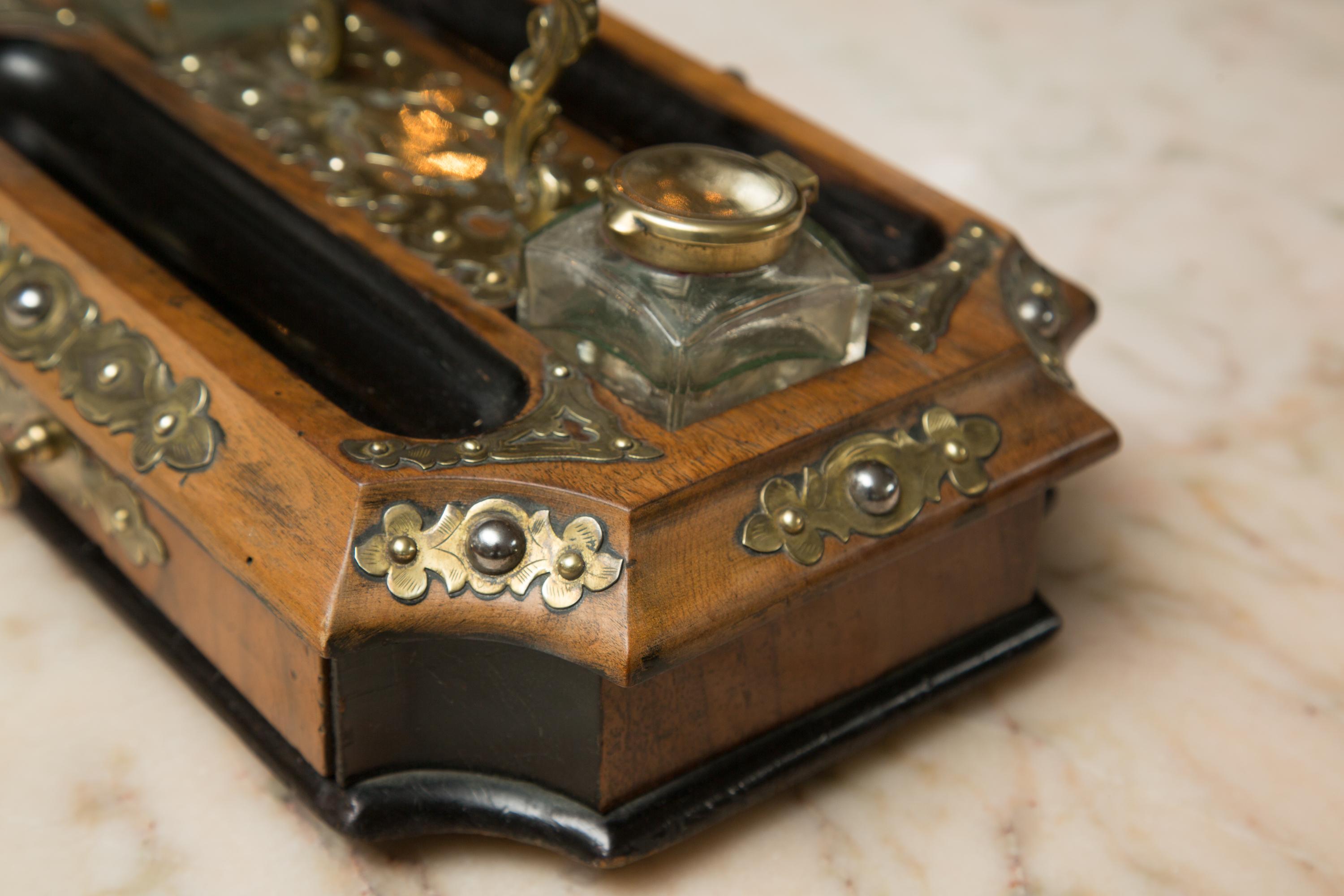 English Brass, Walnut and Ebonized Double Inkwell Set For Sale