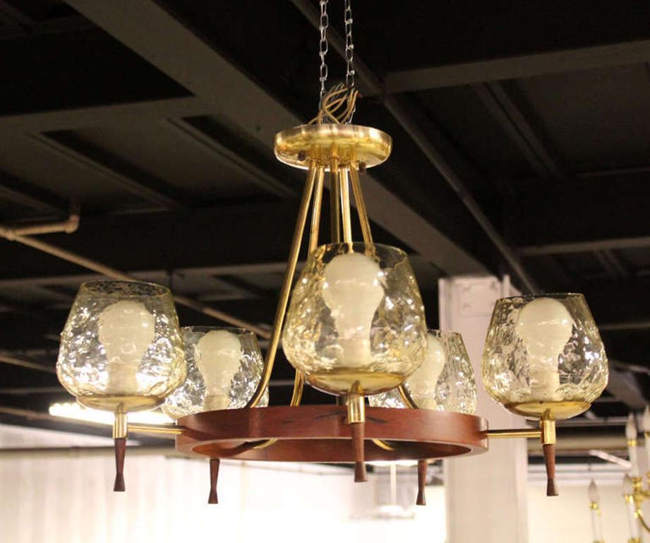 Brass & Walnut Danish Modern Five-Light Champagne Glass Shades Chandelier For Sale 4