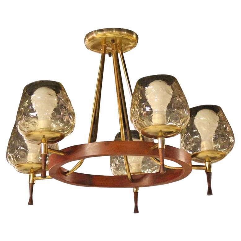 Brass & Walnut Danish Modern Five-Light Champagne Glass Shades Chandelier For Sale