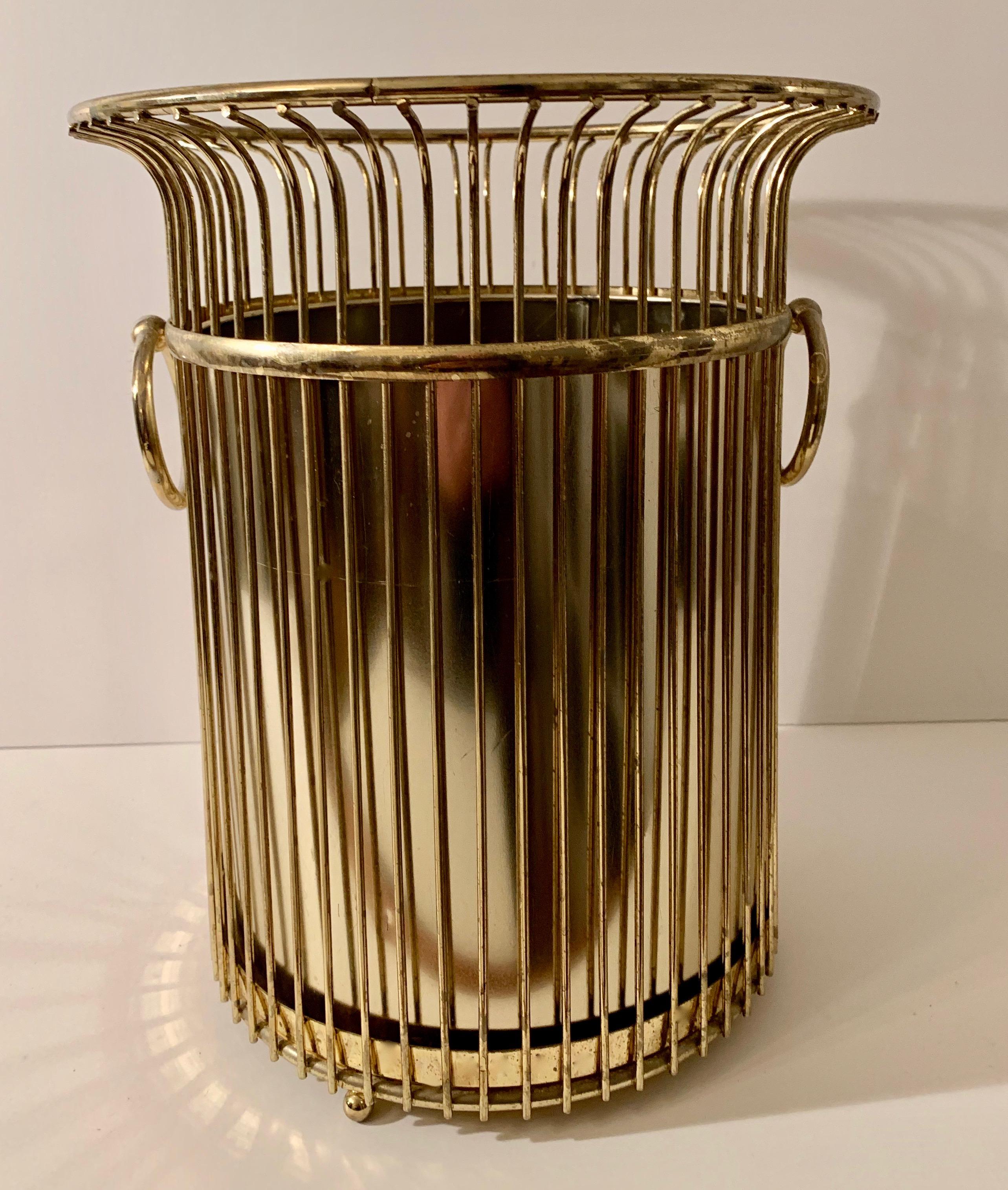Brass waste can with decorative handles and removable liner Mid-Century Modern Regency style - a very simple and sexy look for any bathroom or office.