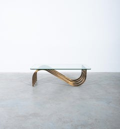 Brass Wave Coffee Table Glass Top, Italy, 1955