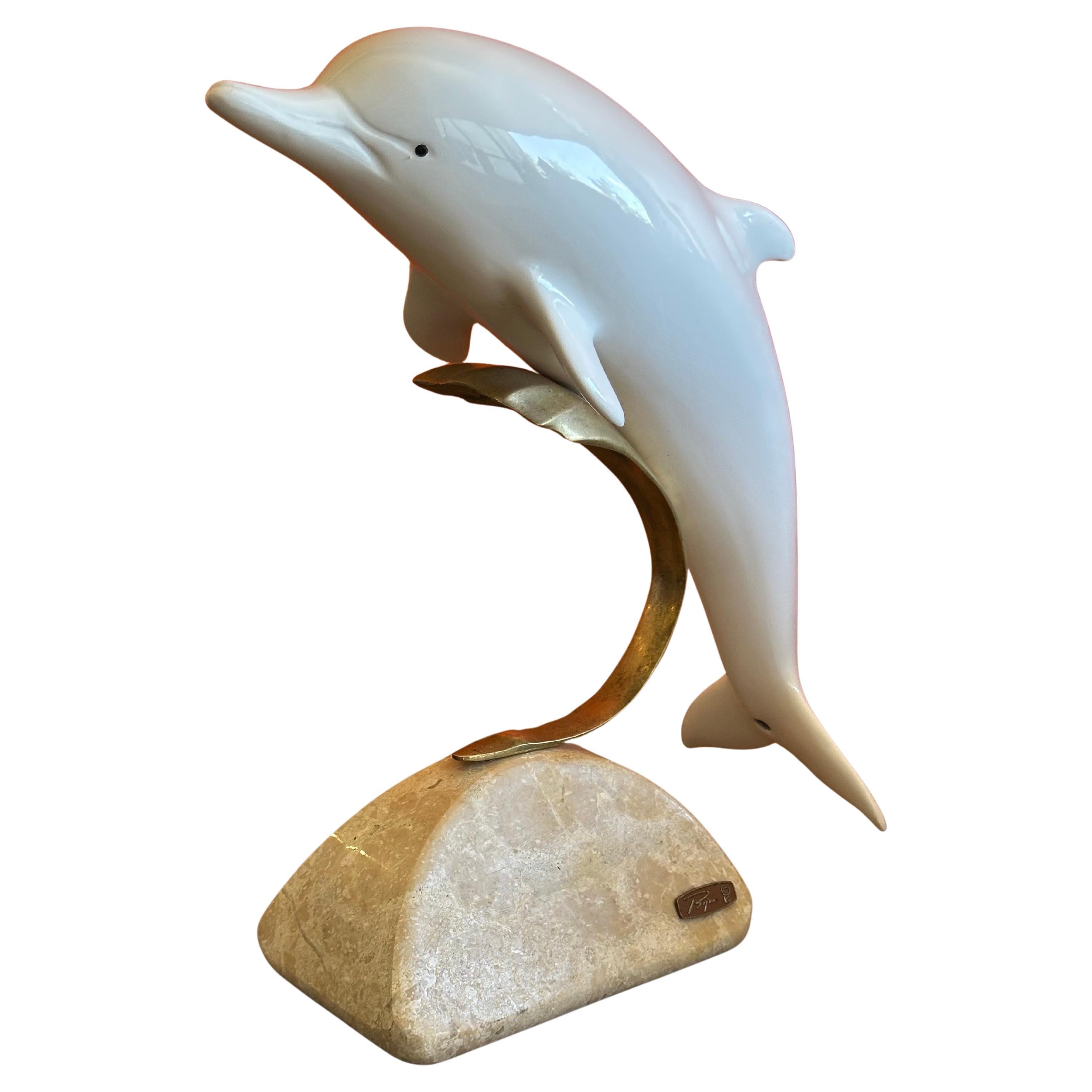 Brass Waves Porcelain Dolphin Sculpture on Marble Base by Bijian