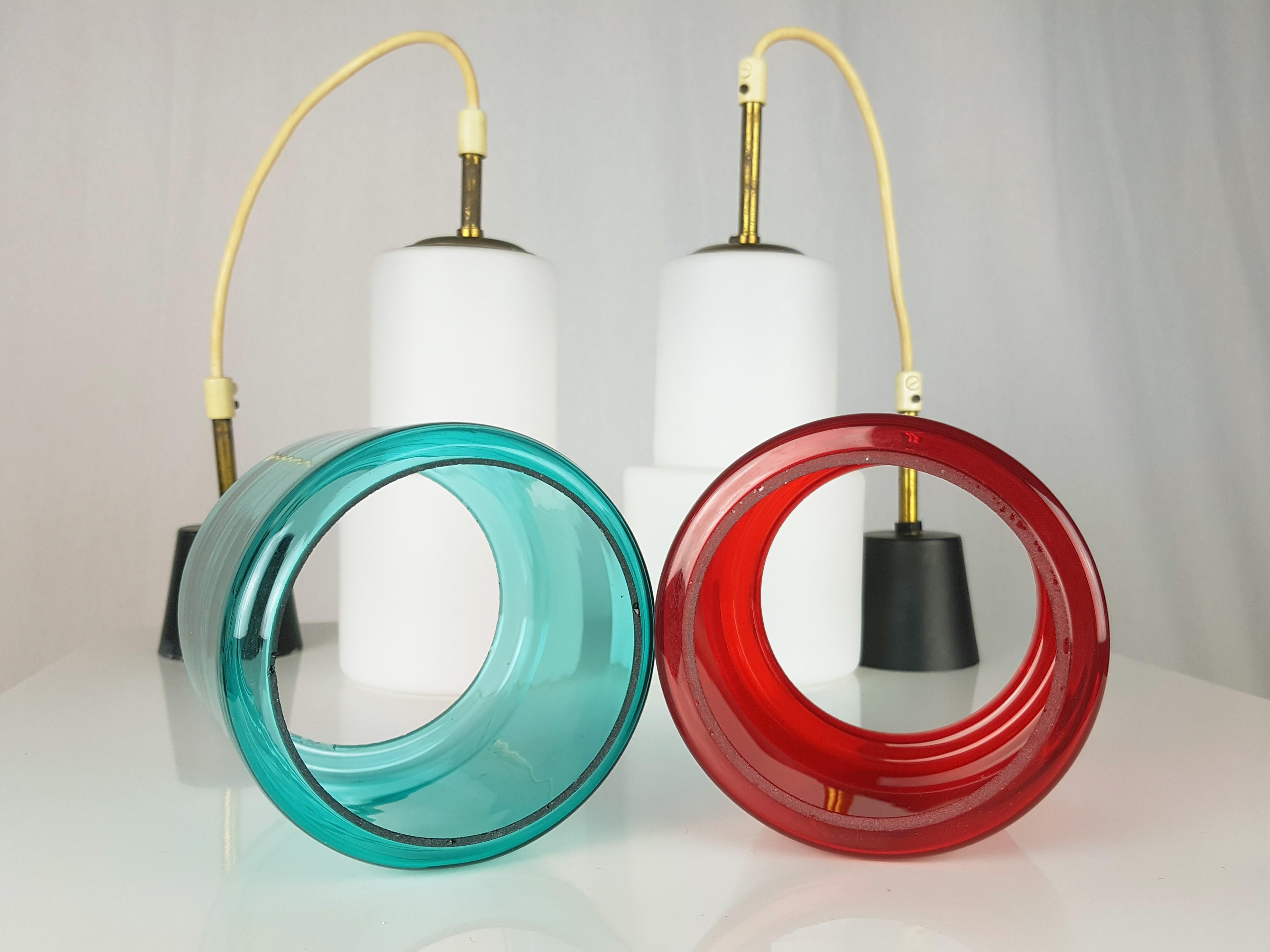 Brass & White, Azure & Red Glass Shades 1950s Pendant Lamps, Set of 2 For Sale 2