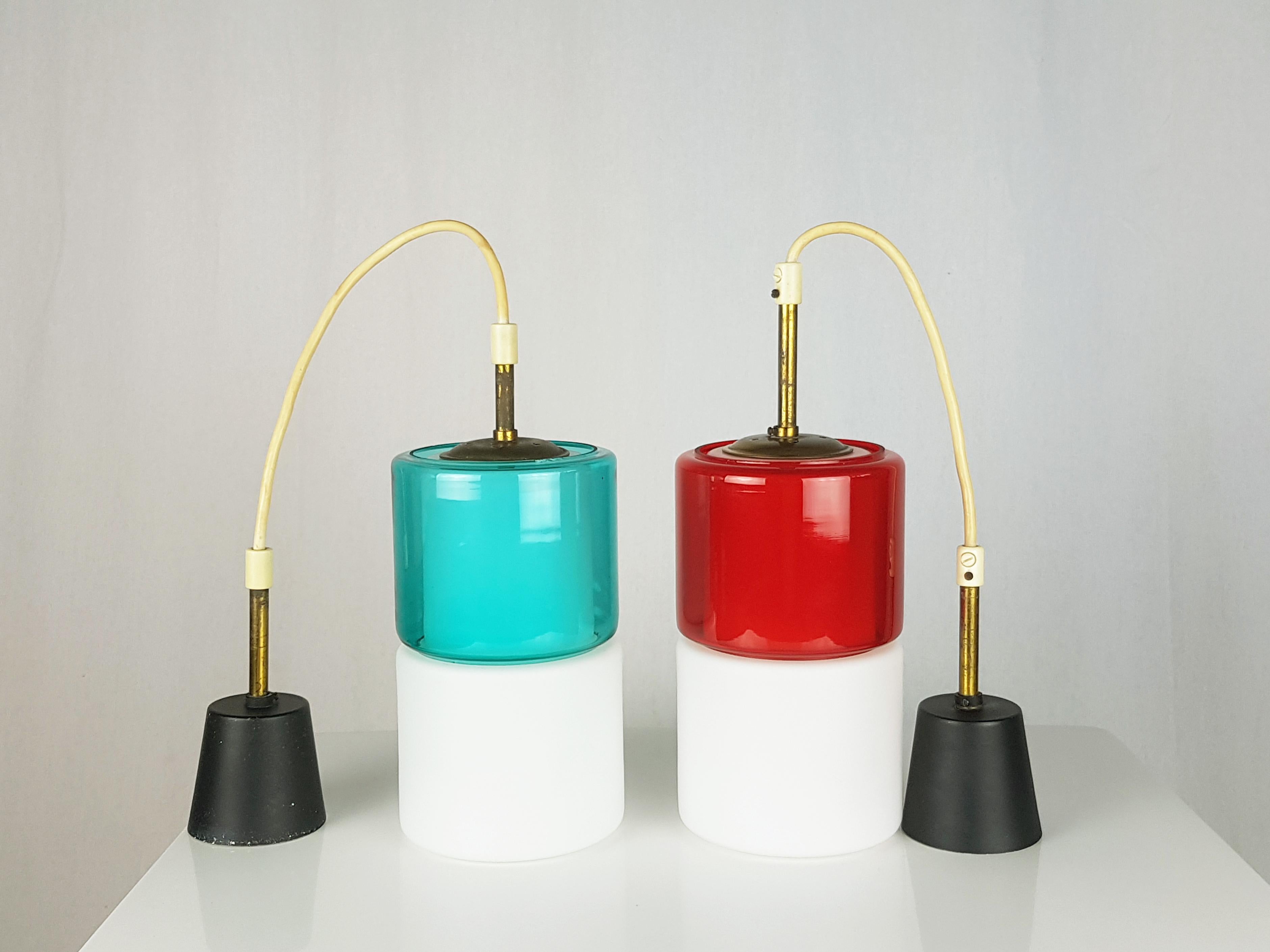 Mid-Century Modern Brass & White, Azure & Red Glass Shades 1950s Pendant Lamps, Set of 2 For Sale