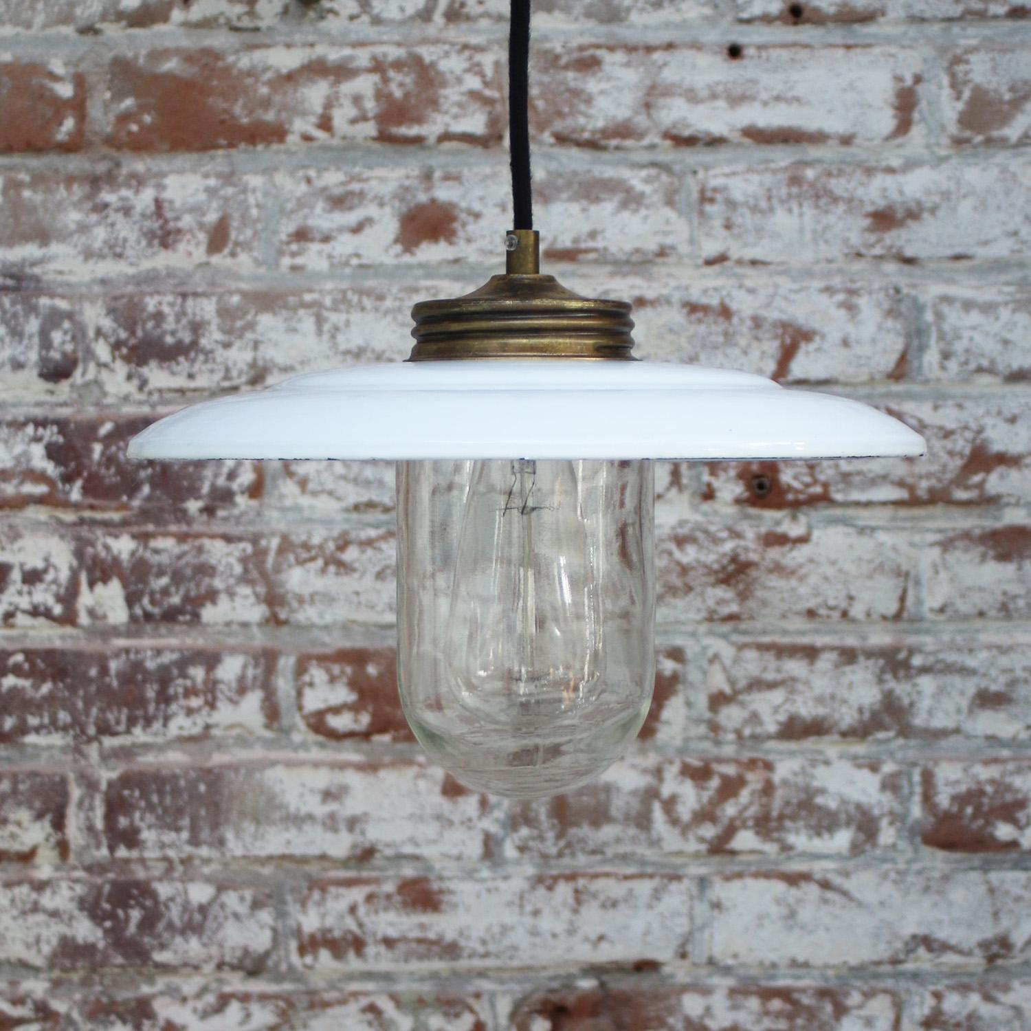 Hungarian Brass White Enamel Vintage Clear Glass Pendant Lights For Sale