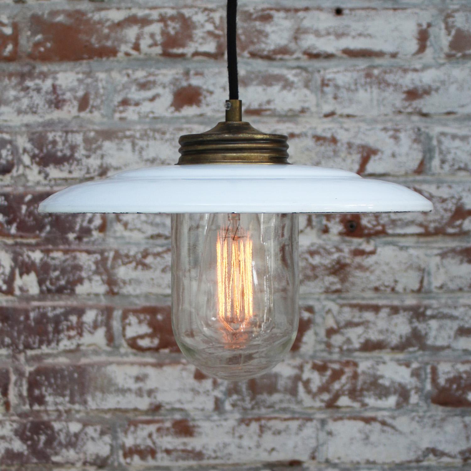 Brass White Enamel Vintage Clear Glass Pendant Lights In Good Condition For Sale In Amsterdam, NL