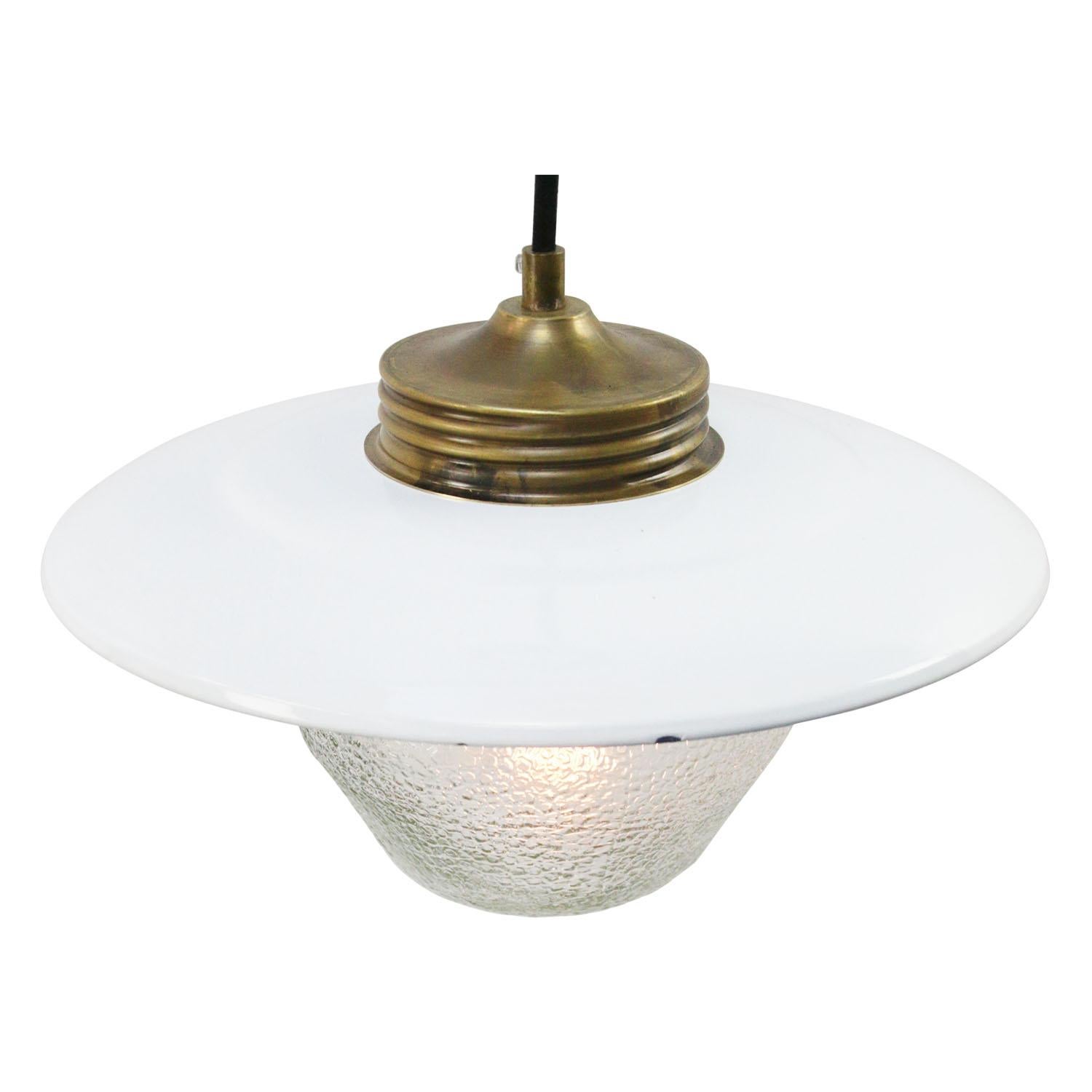 White enamel Industrial hanging lamp.
Frosted glass with brass top.

Weight: 2.40 kg / 5.3 lb

Priced per individual item. All lamps have been made suitable by international standards for incandescent light bulbs, energy-efficient and LED