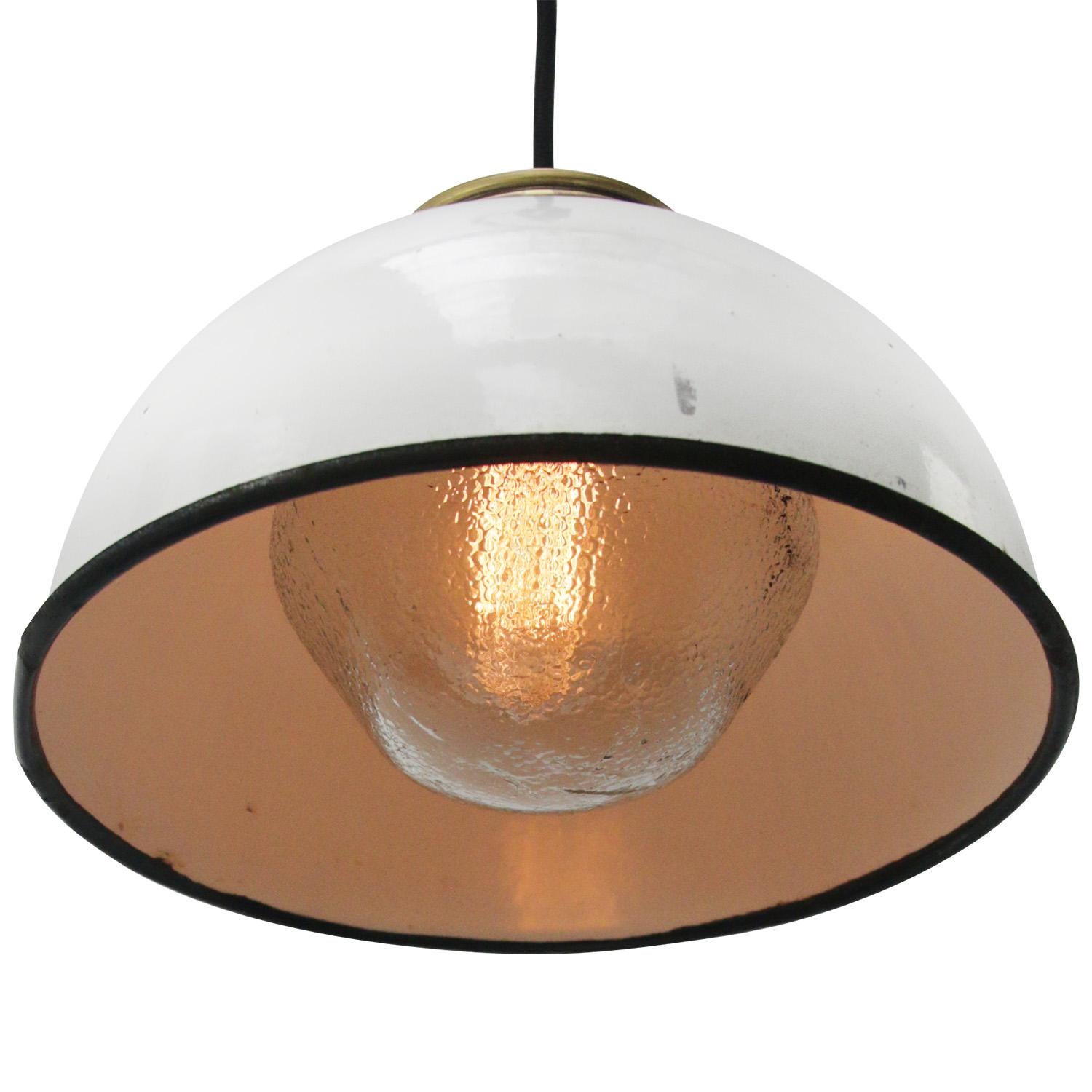 White enamel Industrial hanging lamp.
Frosted glass with brass top.

Weight: 2.35 kg / 5.2 lb

Priced per individual item. All lamps have been made suitable by international standards for incandescent light bulbs, energy-efficient and LED