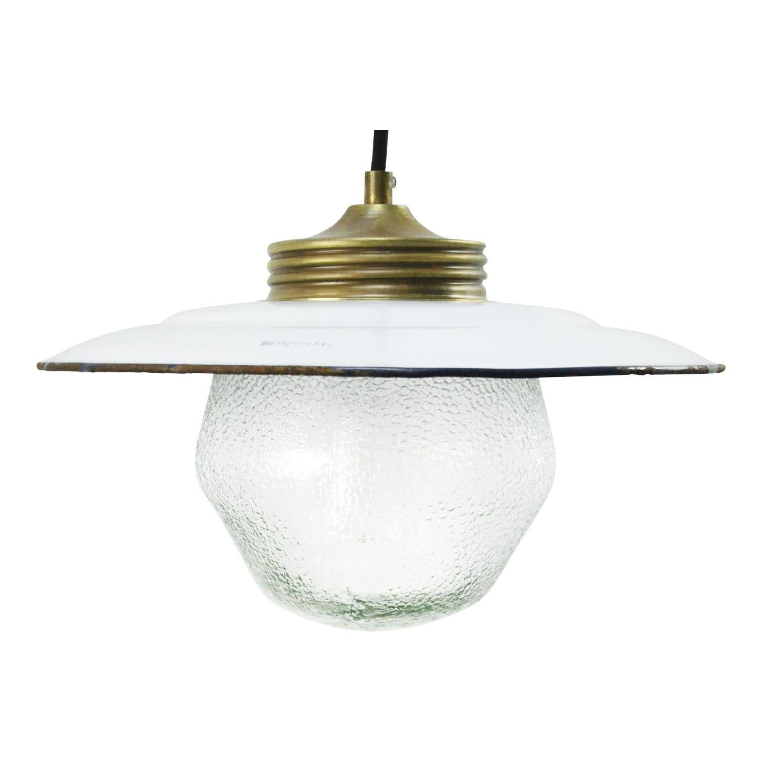 White enamel Industrial hanging lamp.
Frosted glass with brass top.

Weight: 2.40 kg / 5.3 lb

Priced per individual item. All lamps have been made suitable by international standards for incandescent light bulbs, energy-efficient and LED bulbs.