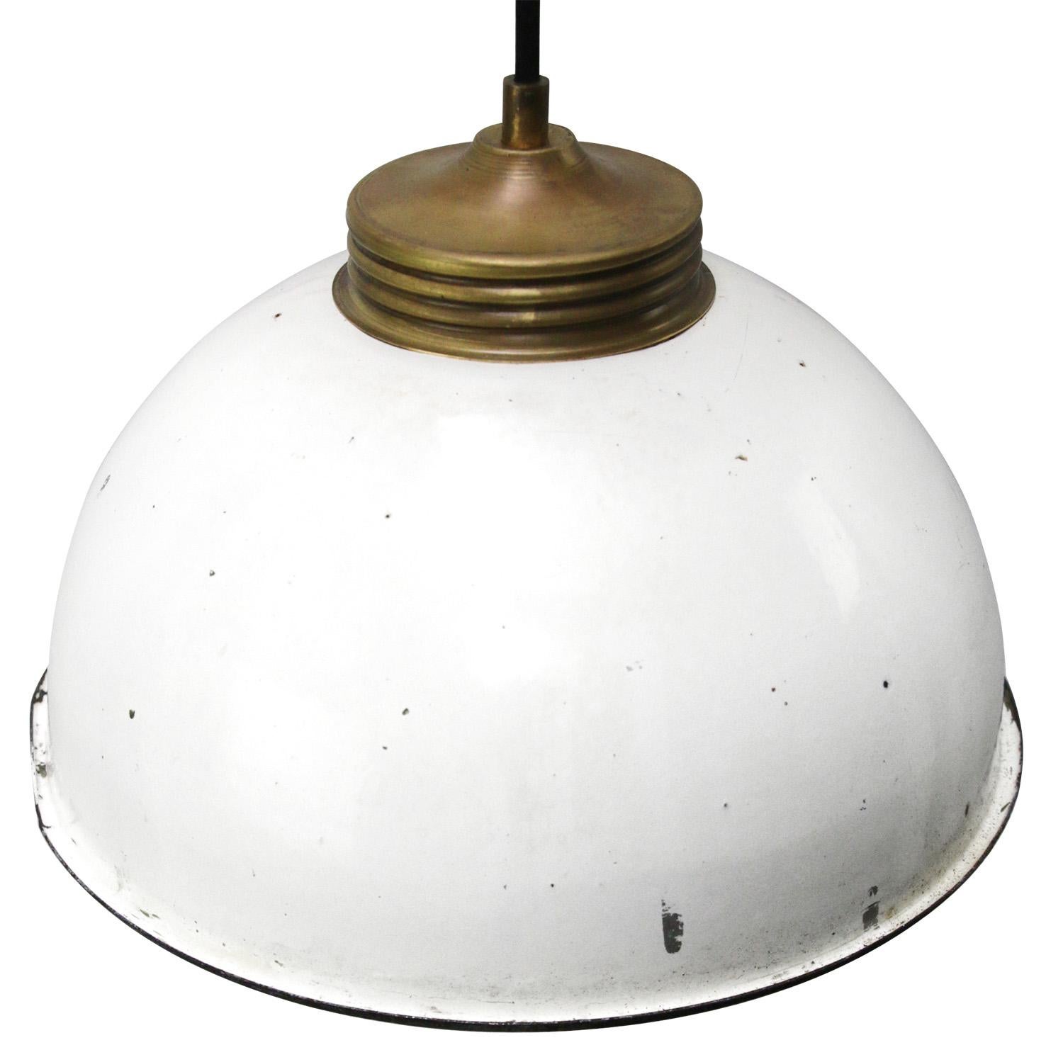 Industrial Brass White Enamel Vintage Frosted Glass Pendant Lights For Sale