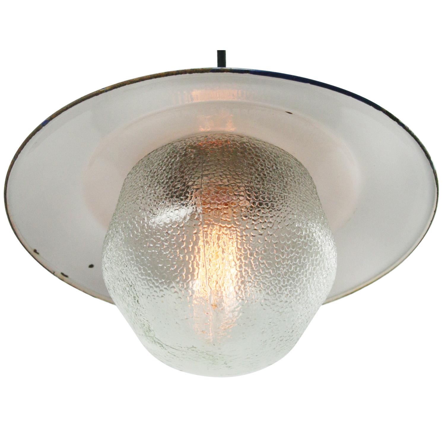 Hungarian Brass White Enamel Vintage Frosted Glass Pendant Lights For Sale