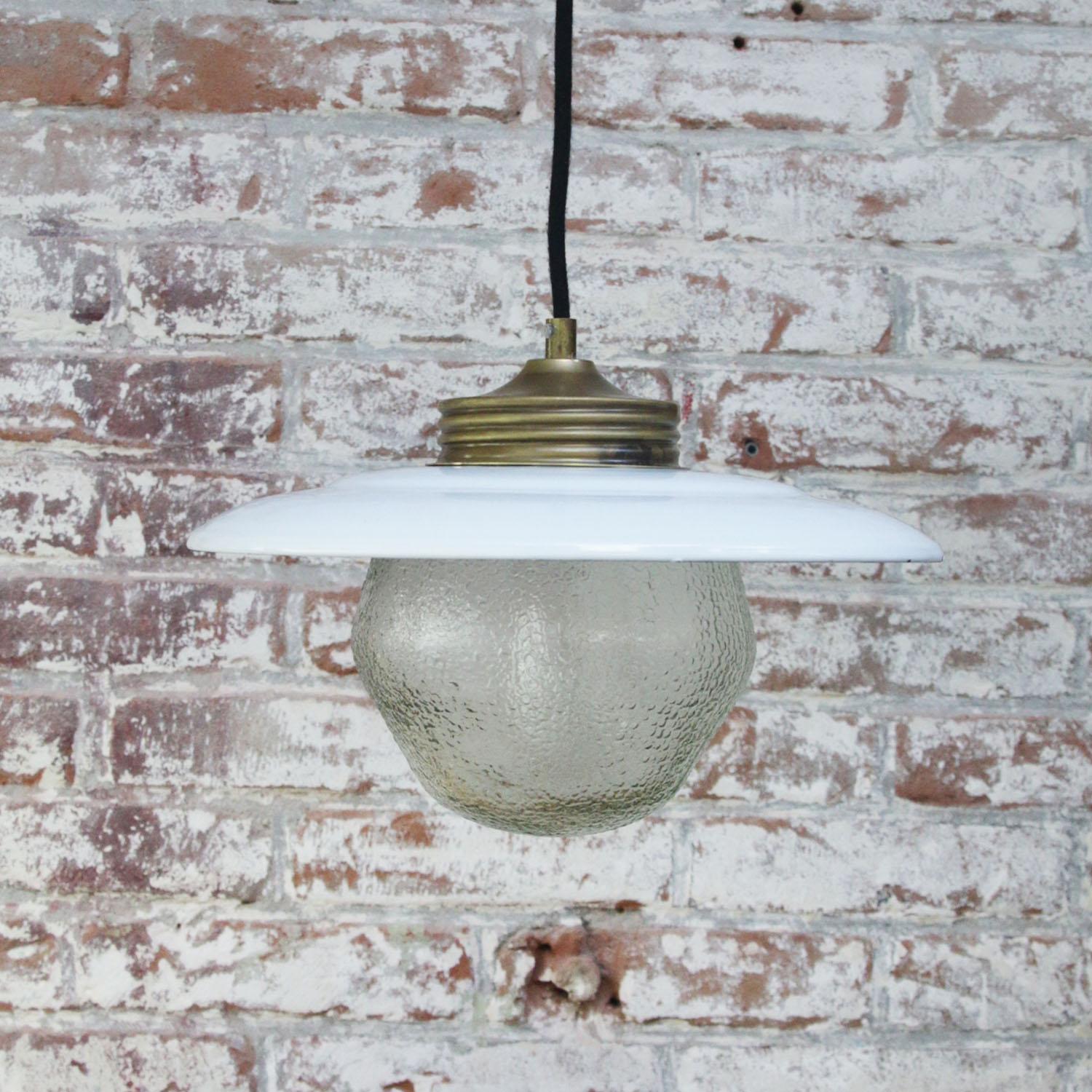 Industrial Brass White Enamel Vintage Frosted Glass Pendant Lights For Sale