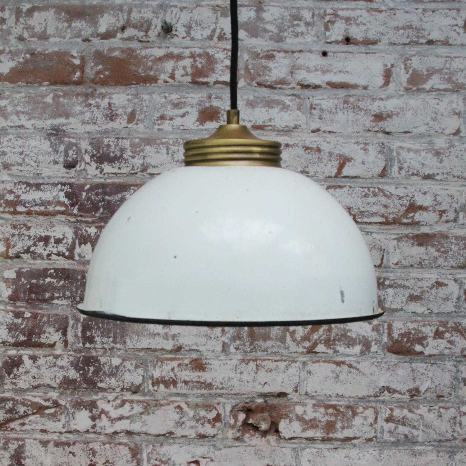 Brass White Enamel Vintage Frosted Glass Pendant Lights In Good Condition For Sale In Amsterdam, NL
